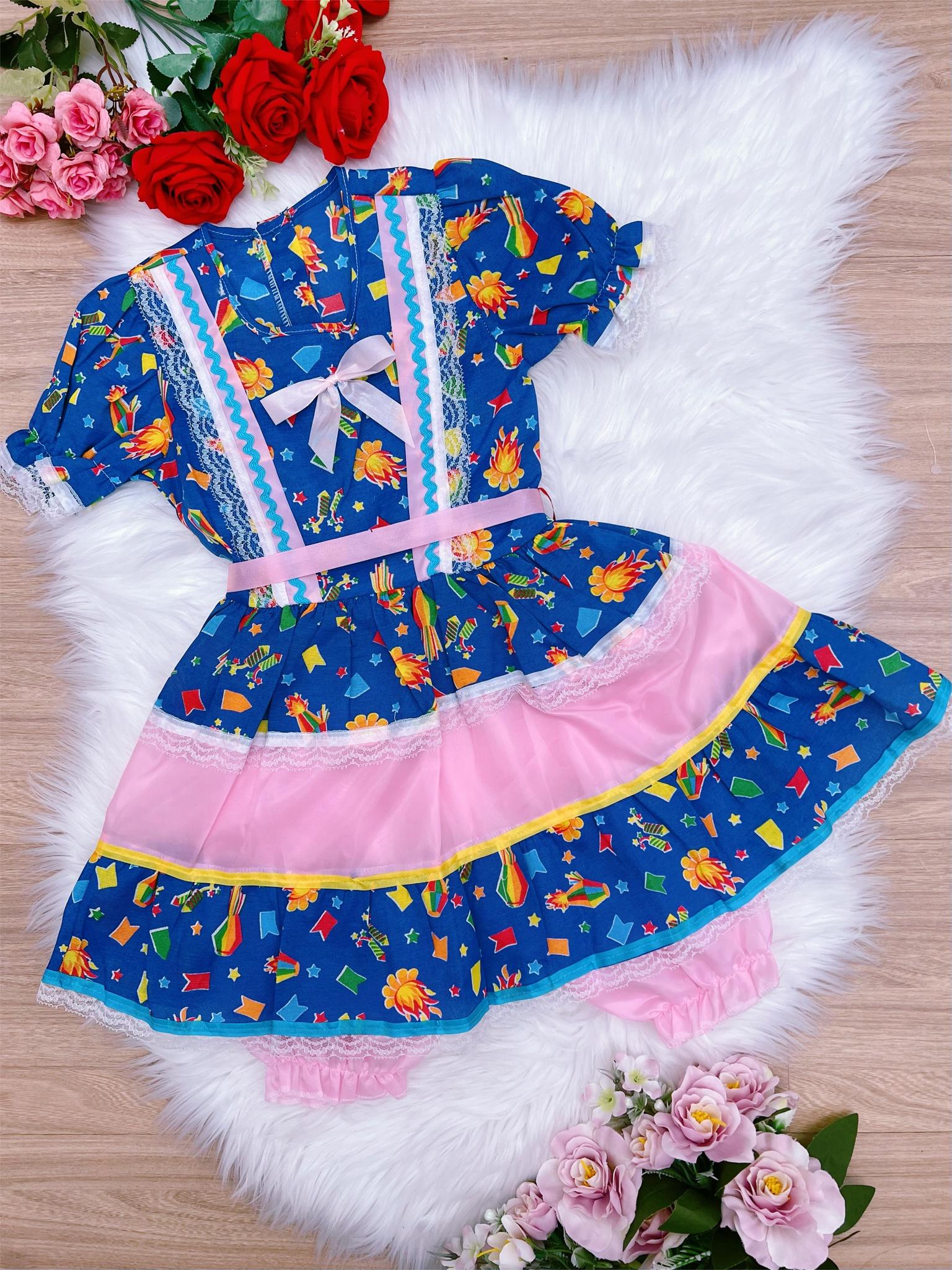Fantasia Infantil Junino Azul Royal - 4-6-8-10-12-14-16 - Podem Ter Variação Cor