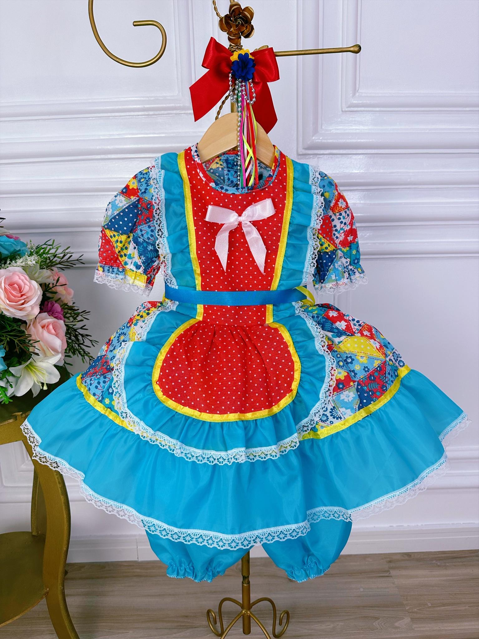 Fantasia Infantil Junino Azul Desenho Flores