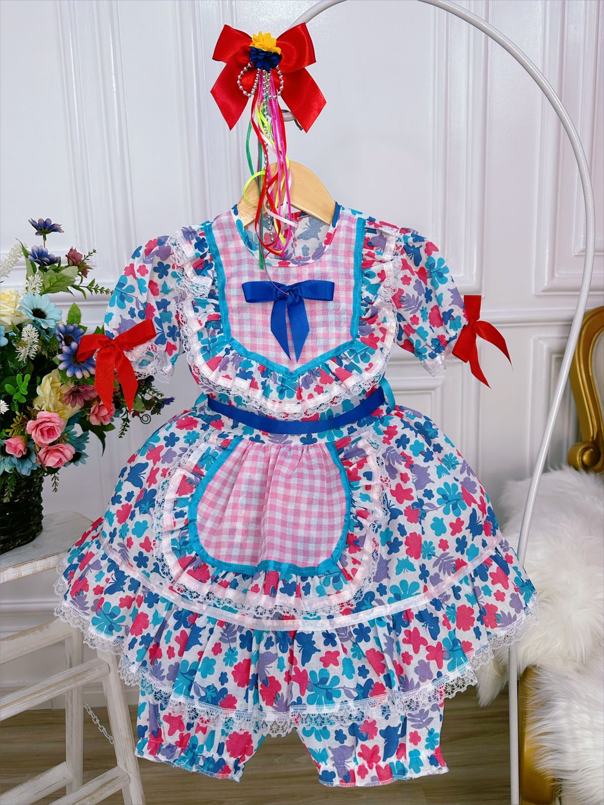 Fantasia Infantil Junino Vermelho Desenho Borboletas Flores