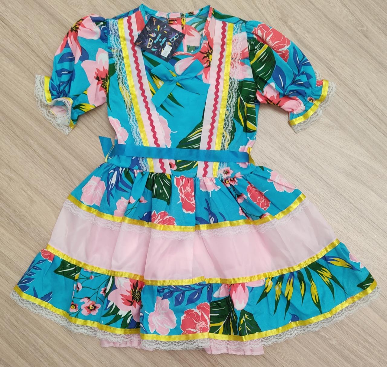 Fantasia Infantil Junino Florido Azul e Rosa - P-M-G GG - Podem Ter Variação Cor