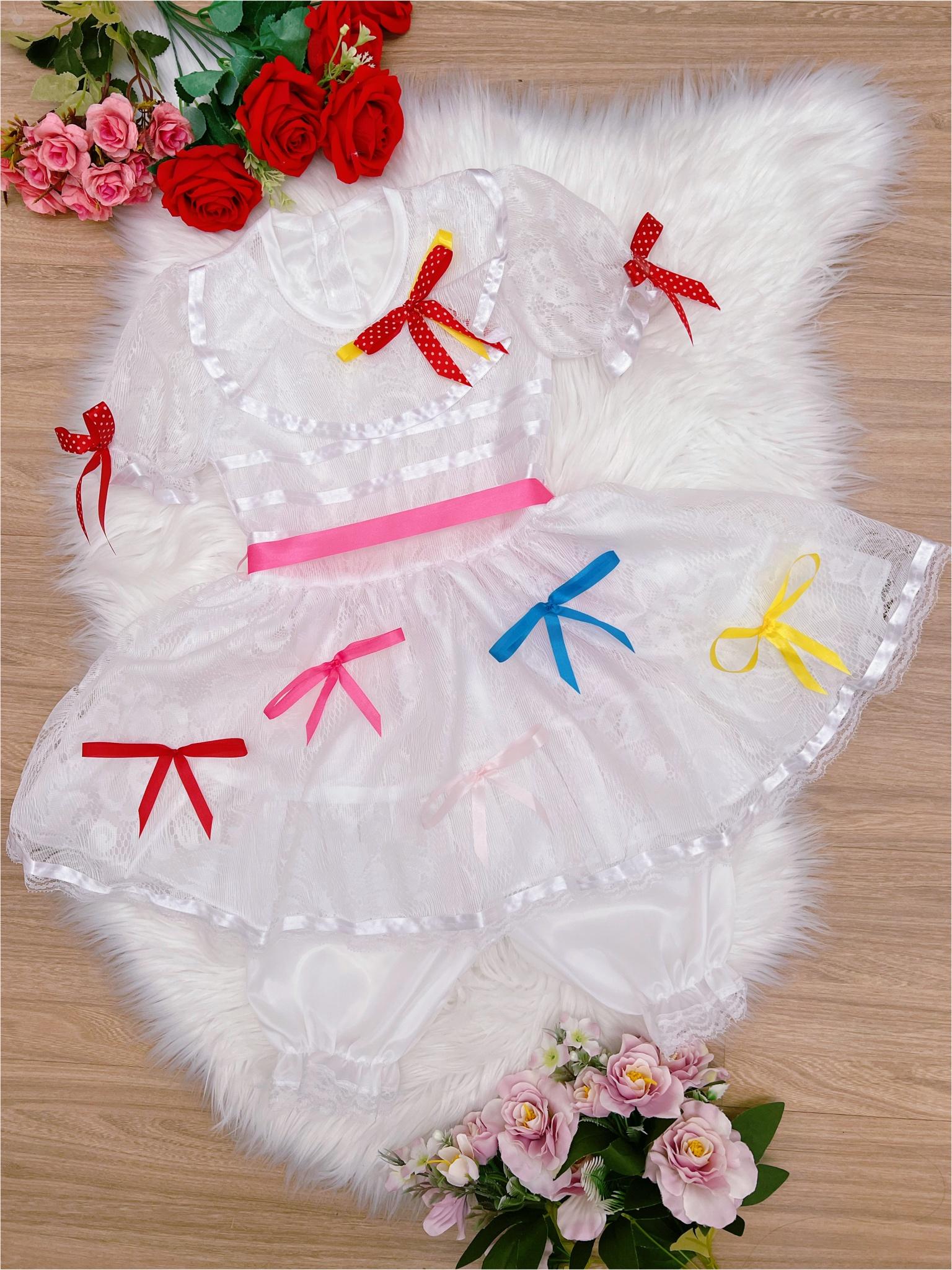 Fantasia Infantil Junino Noiva Branca P-M-G GG - Fitas Coloridas