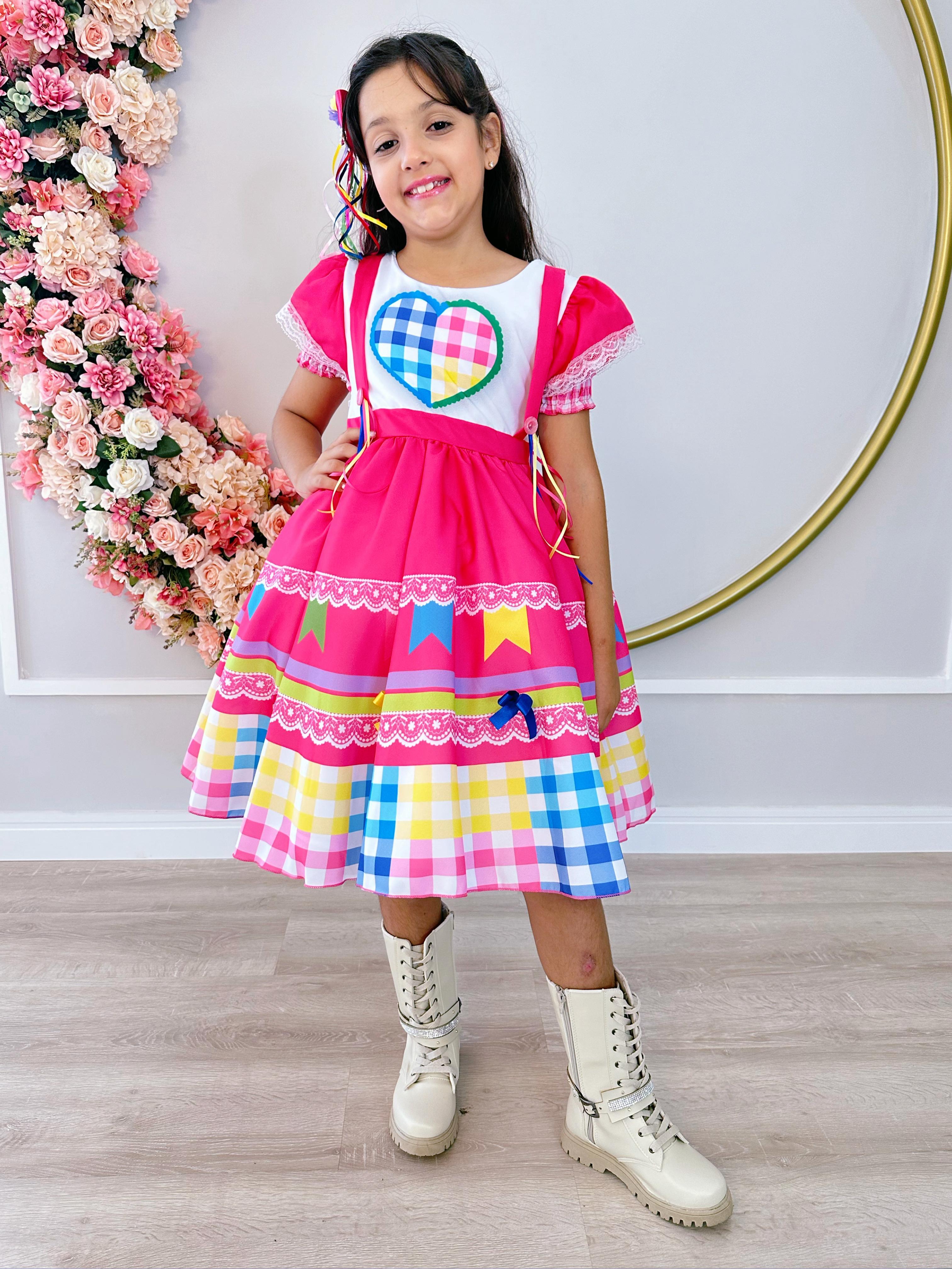 Vestido Infantil Junino Pink Colorido Desenho de Coração