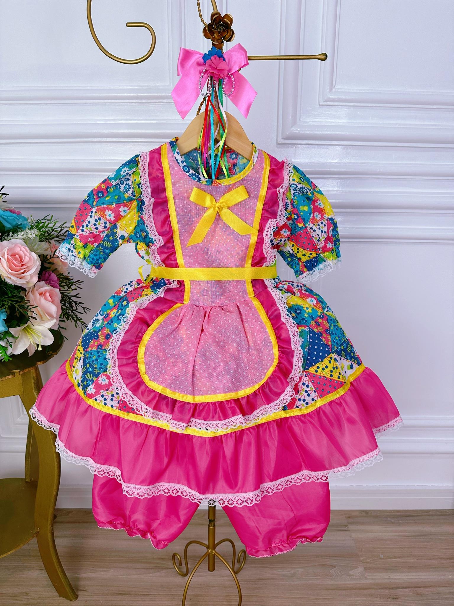 Fantasia Infantil Junino Pink Desenho de Florzinhas