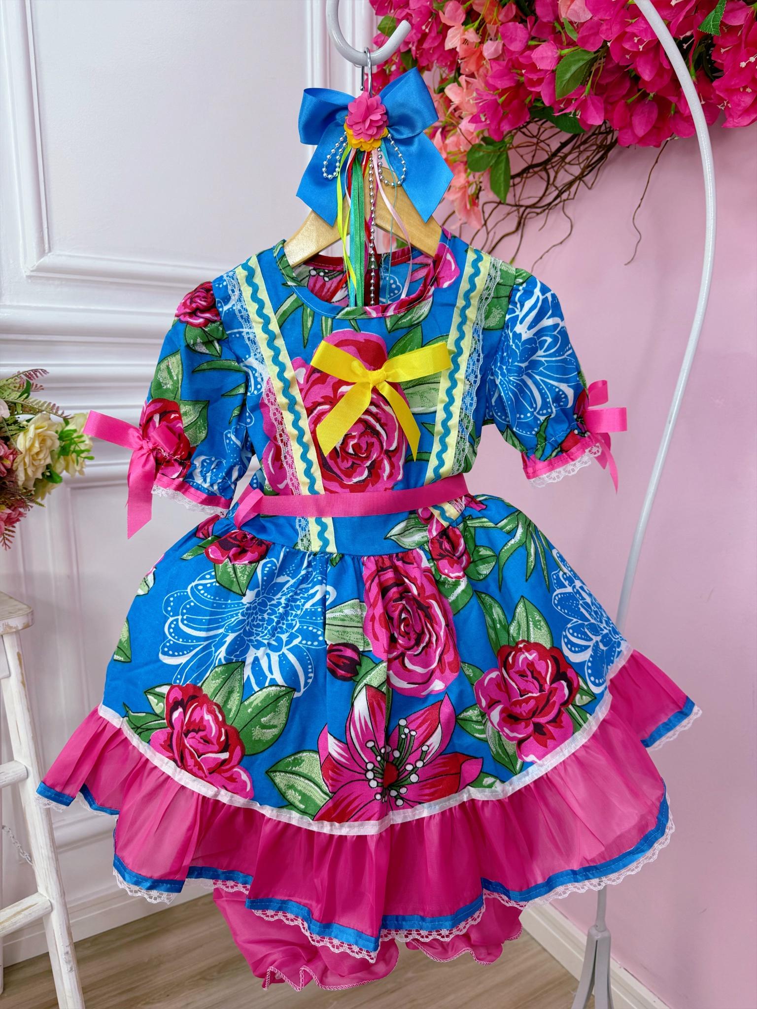 Fantasia Infantil Junino Rosa Chiclete e Azul Florido Festas