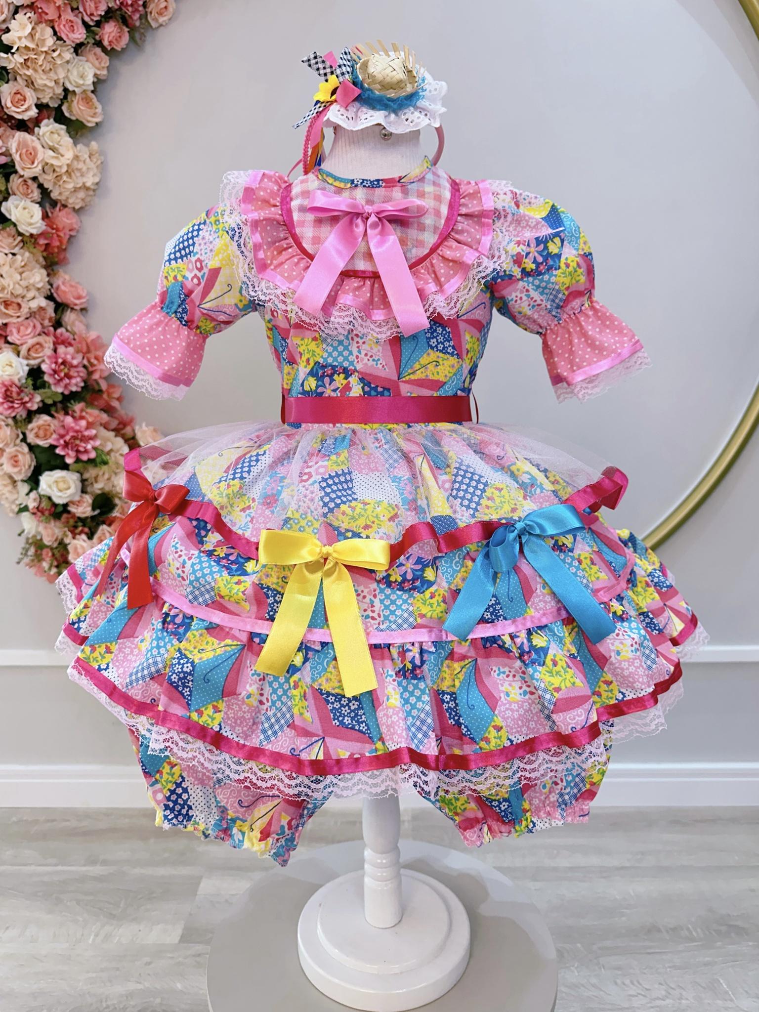 Vestido Infantil Junino Rosa Chiclete Estampa Florzinhas