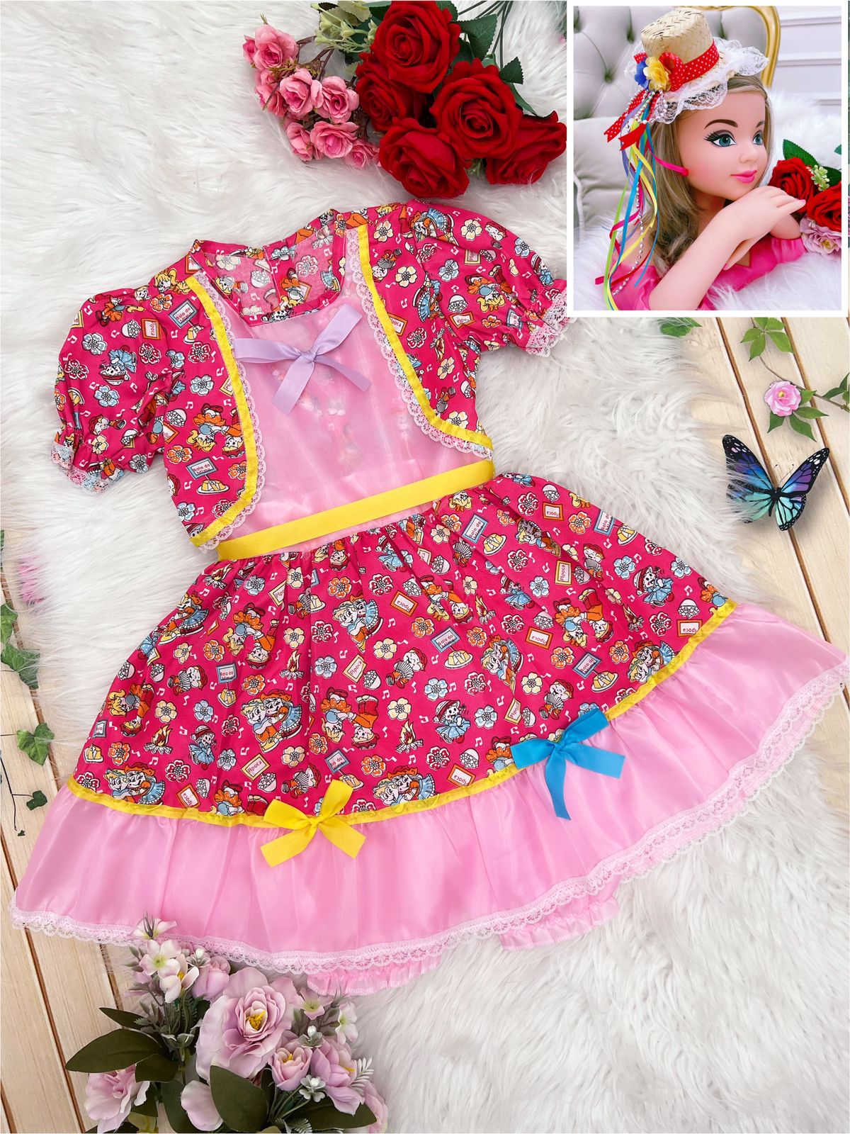 Fantasia Infantil Junino Rosa Chiclete Azul Royal P-M-G - Podem Ter Variação Cor