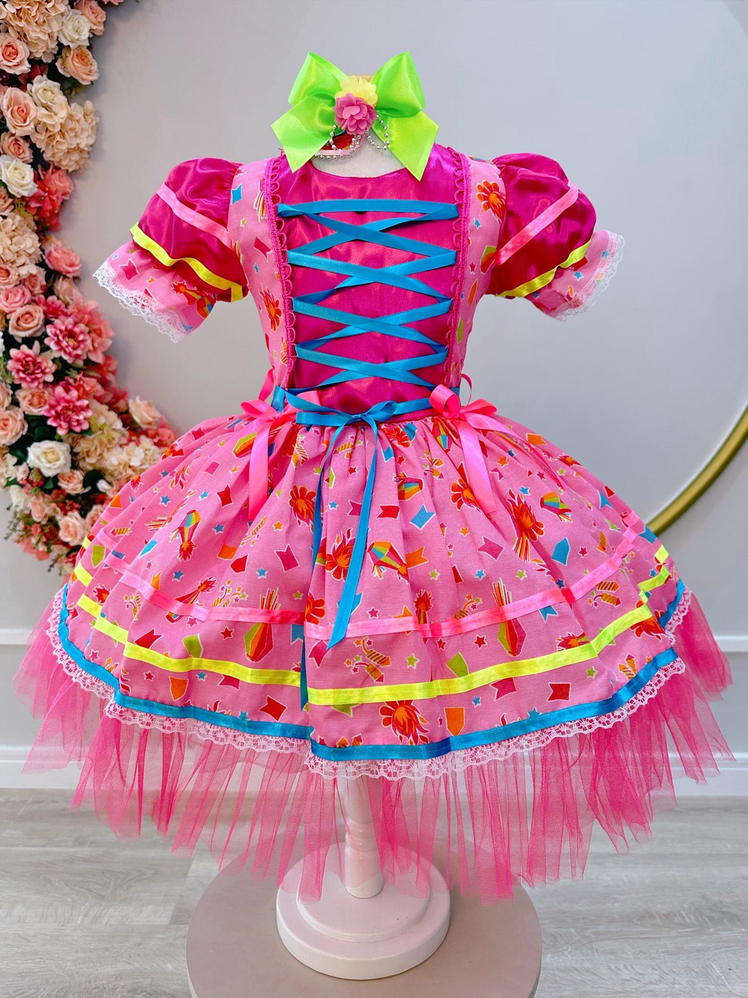 Fantasia Infantil Junino Rosa Estampa de Fogueiras Folia