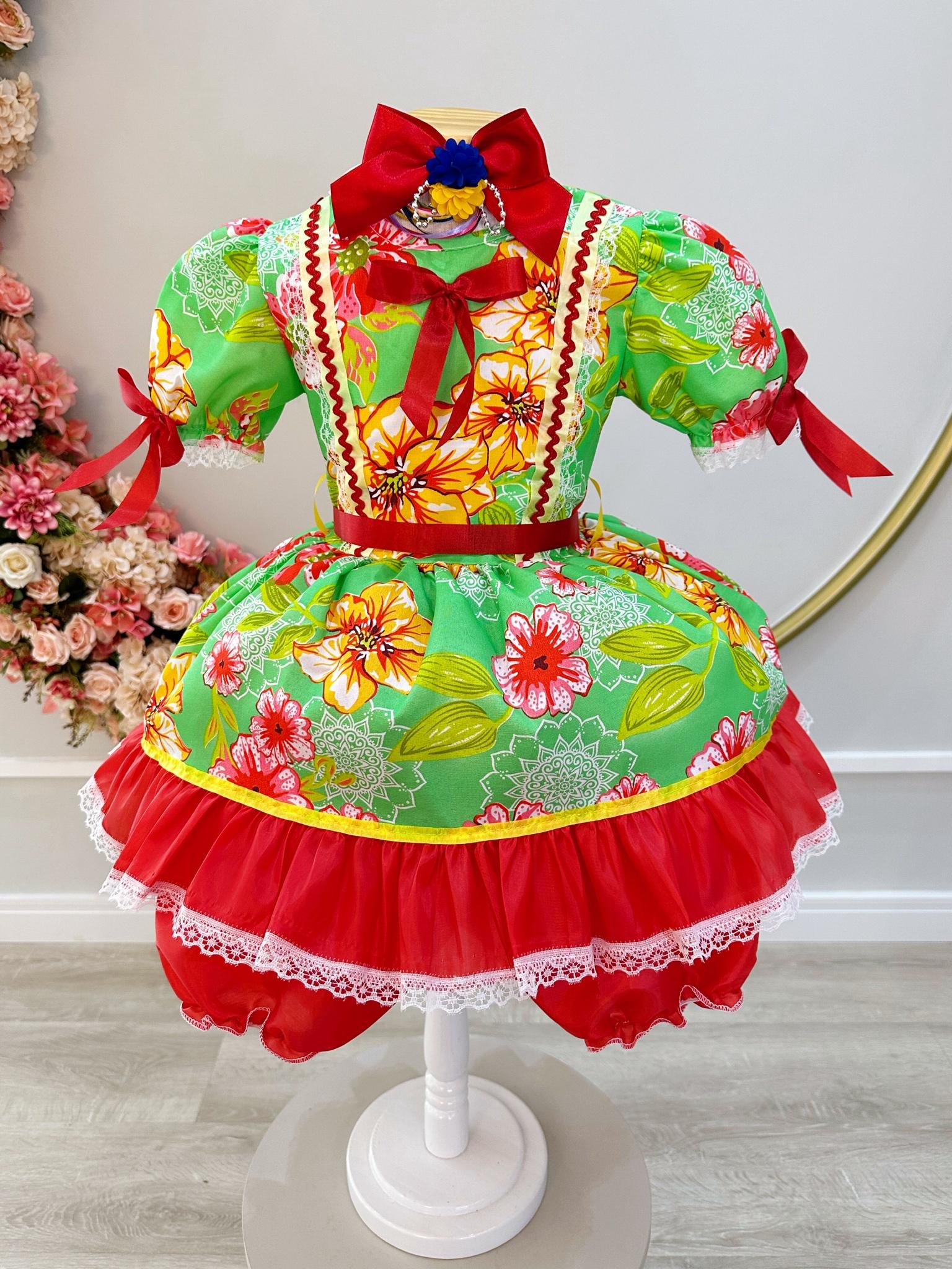 Fantasia Infantil Junino Verde e Vermelho C/ Estampa Colorida