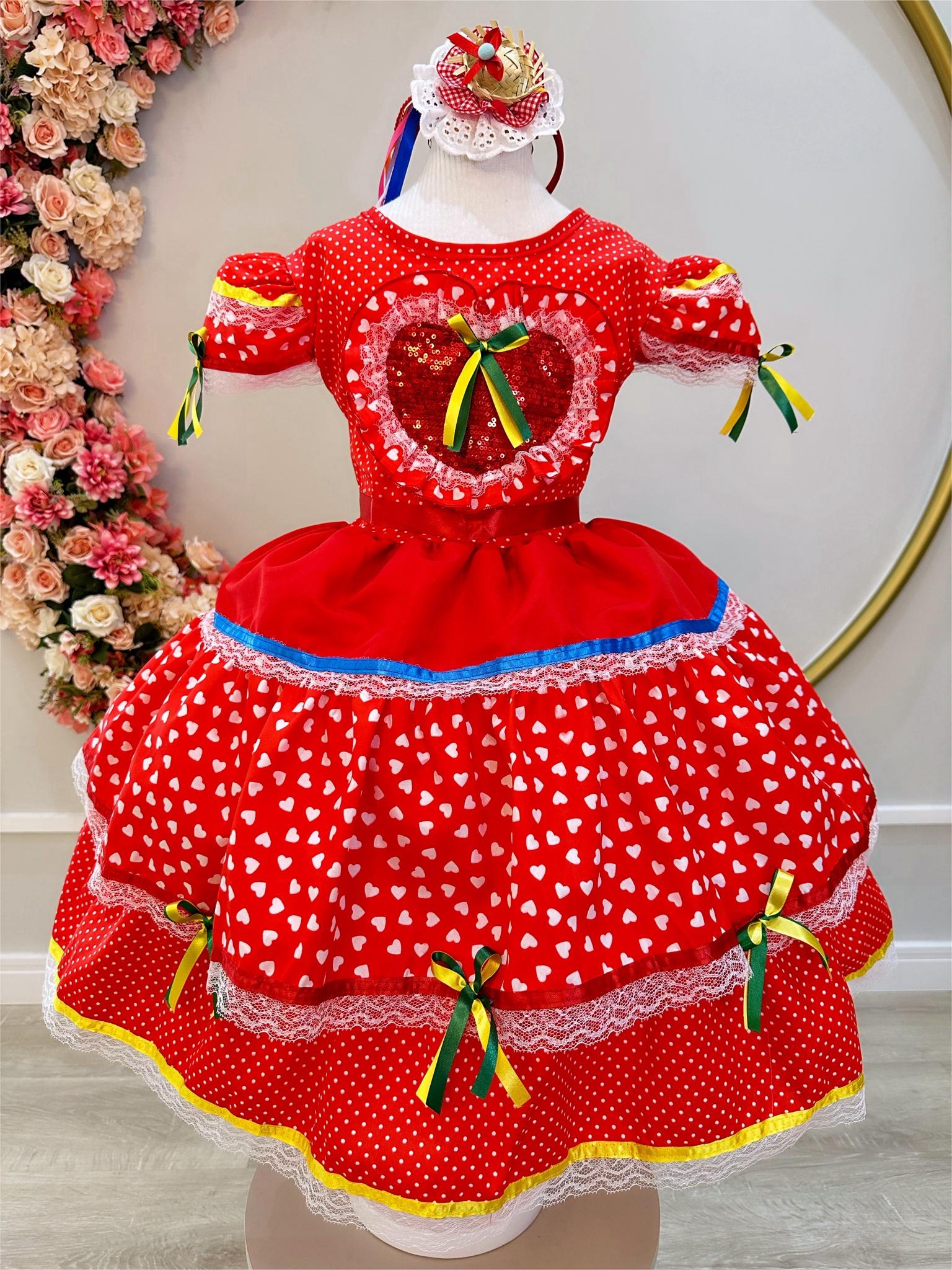 Fantasia Infantil Junino Vermelho Desenho Coraçõezinhos Festa