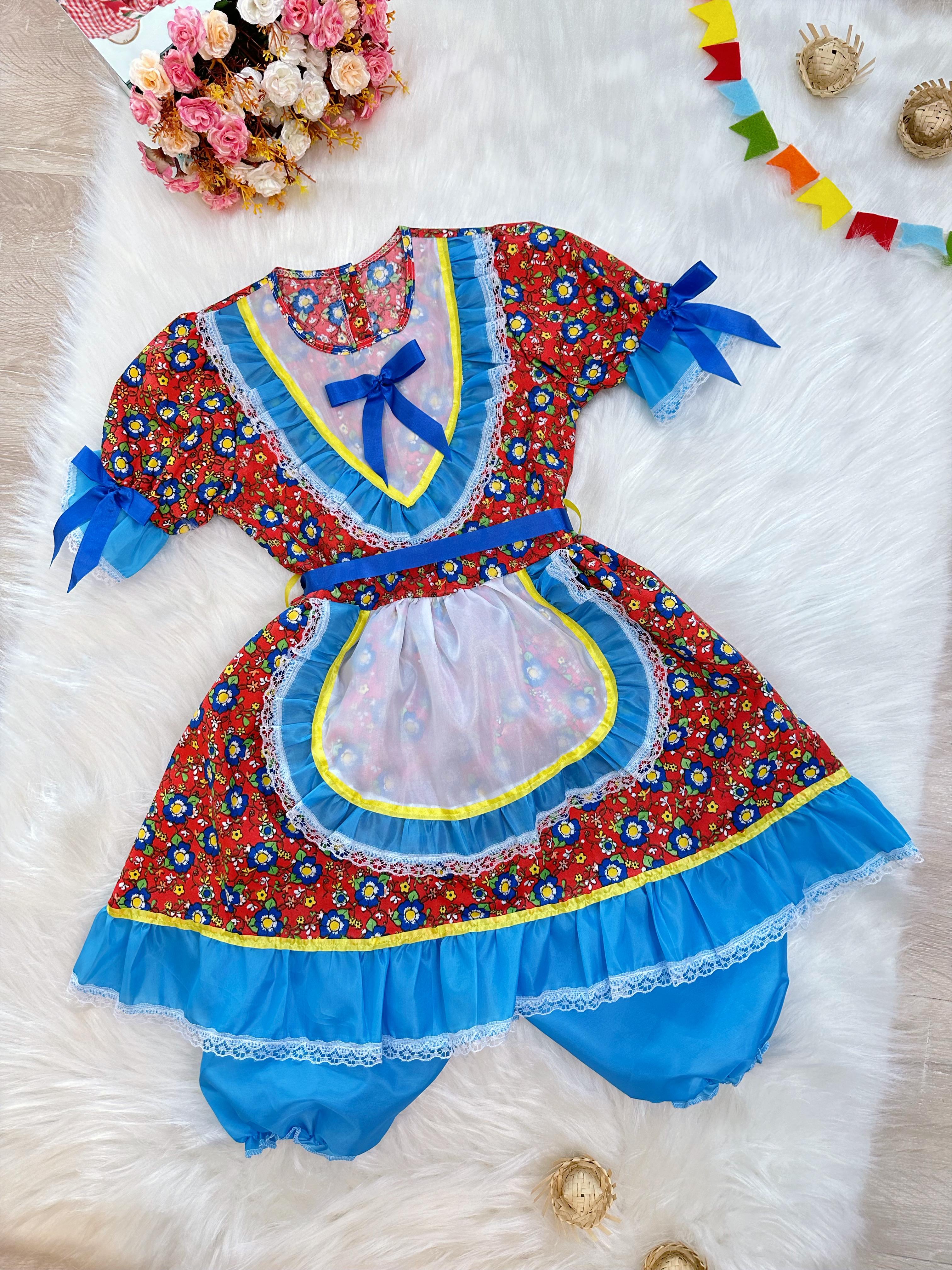 Fantasia Infantil Junino Vermelho Desenho Flores Coloridas