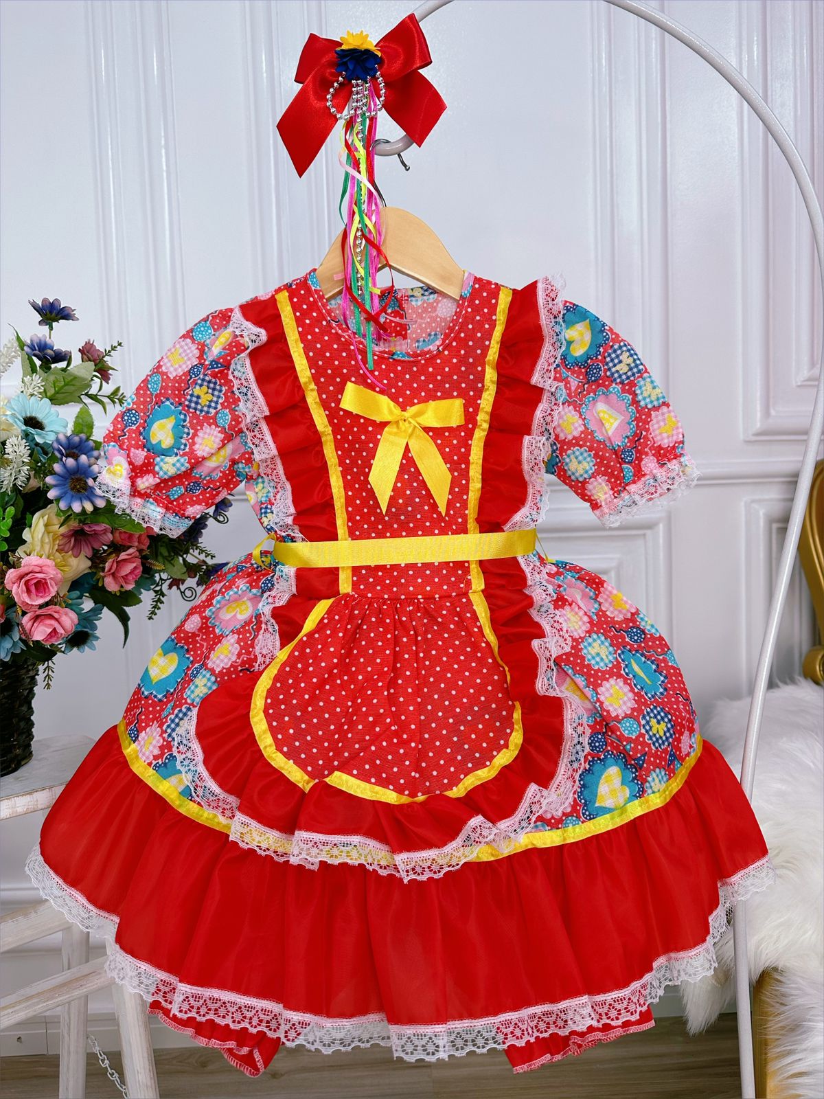 Fantasia Infantil Junino Vermelho Rosa Desenho de Corações