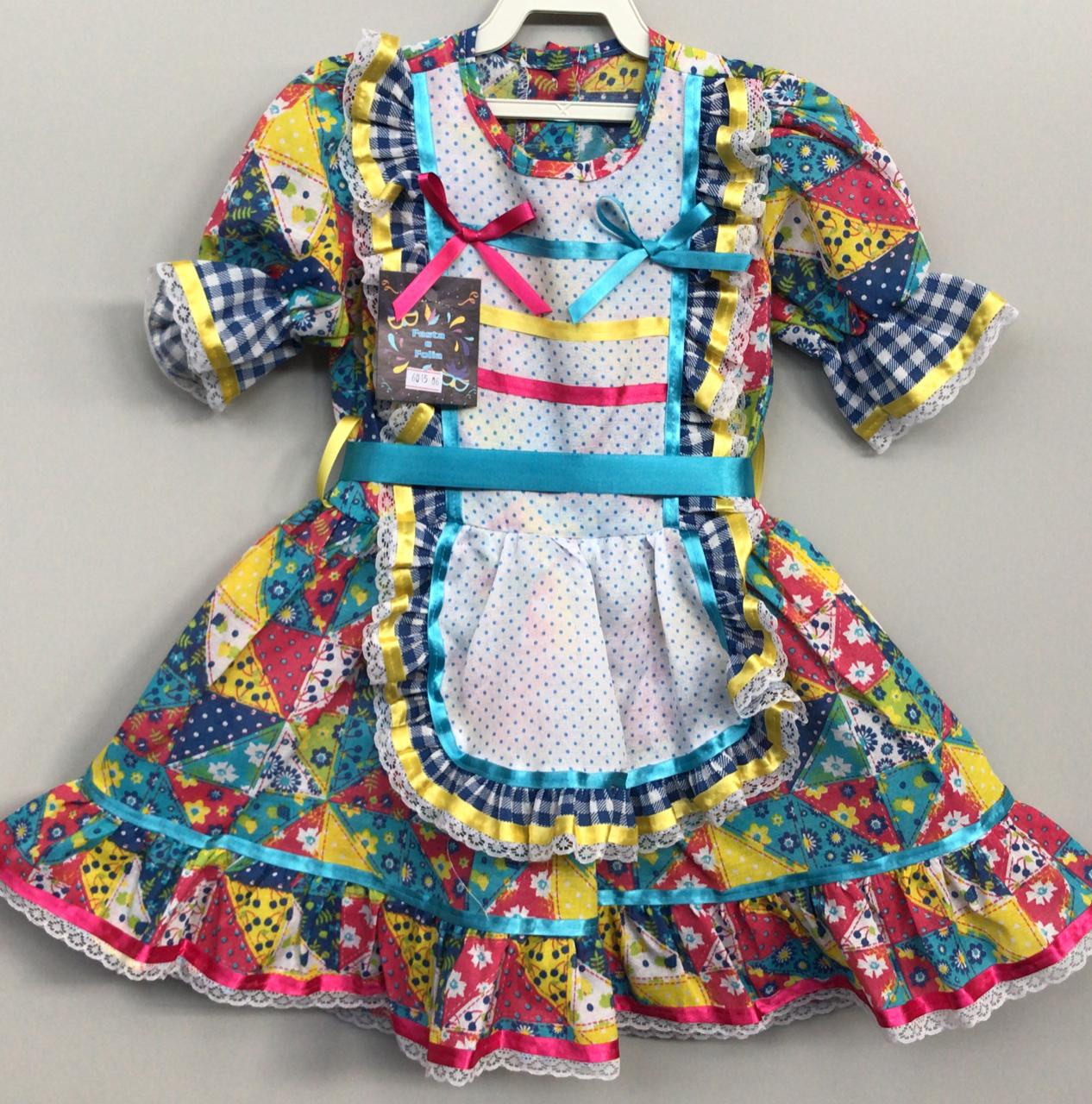 Fantasia Infantil Junino Xadrez Azul Amarelo Estampado