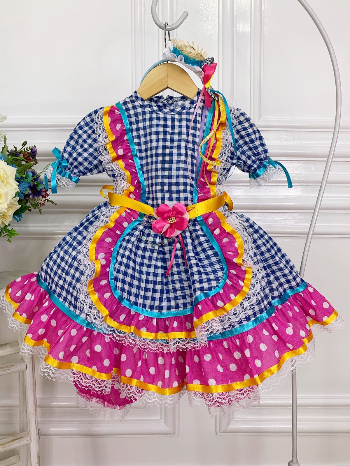 Vestido Feminino Infantil Junino Xadrez Rosa Com Flores