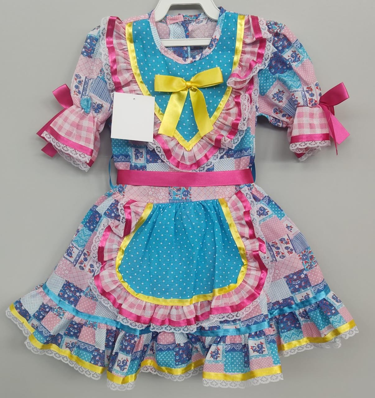 Fantasia Infantil Junino Xadrez Azul Rosa Estampado