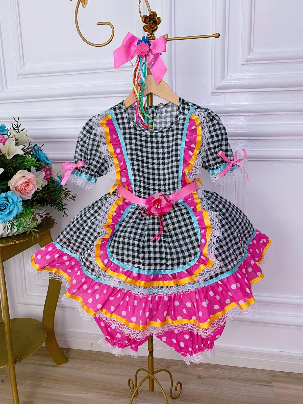 Vestido Infantil de Festa Junina Luxo Preto Xadrez e Laço Pink + Bolsinha