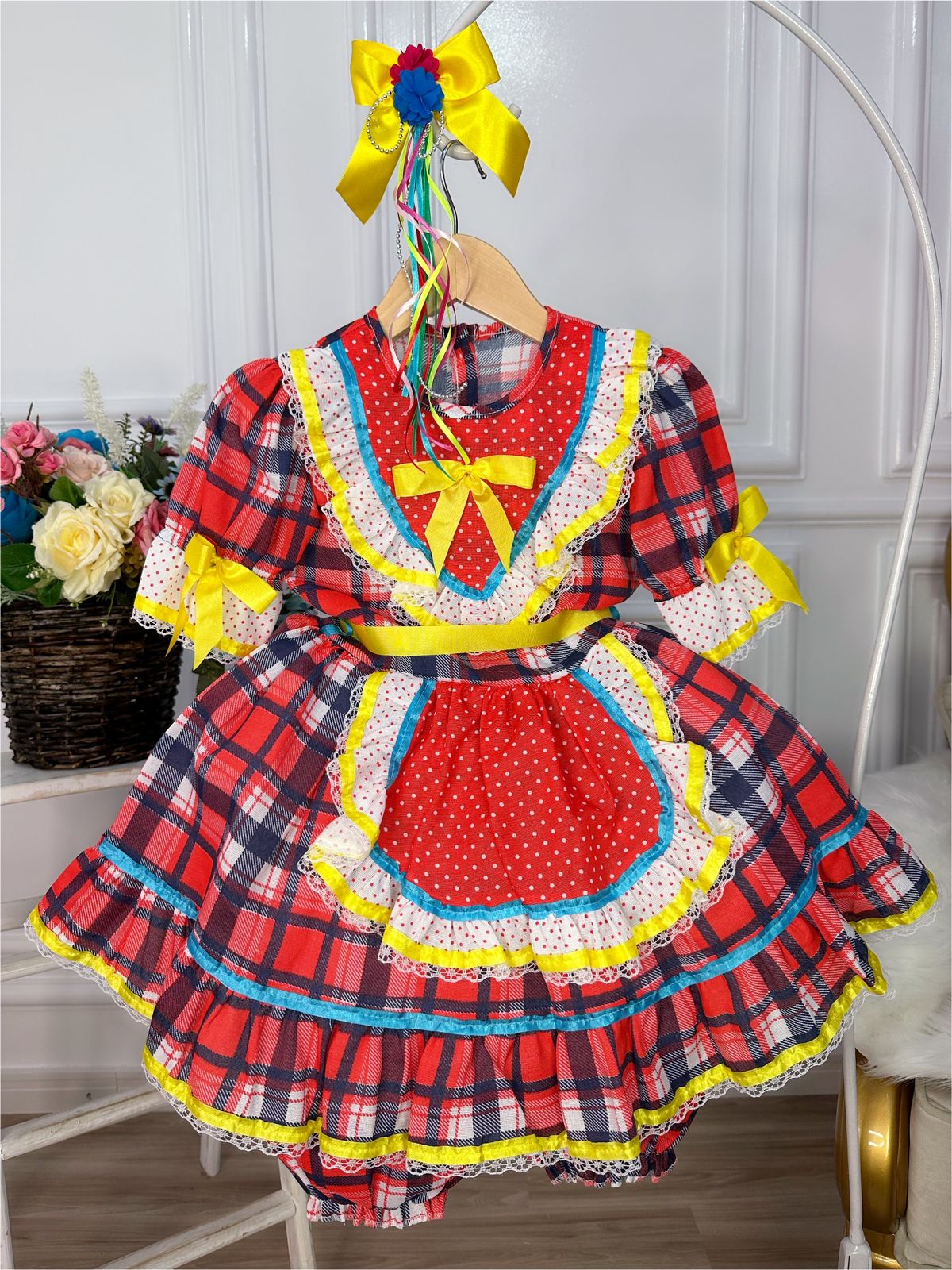 Fantasia Infantil Junino Xadrez Vermelho Azul Marinho