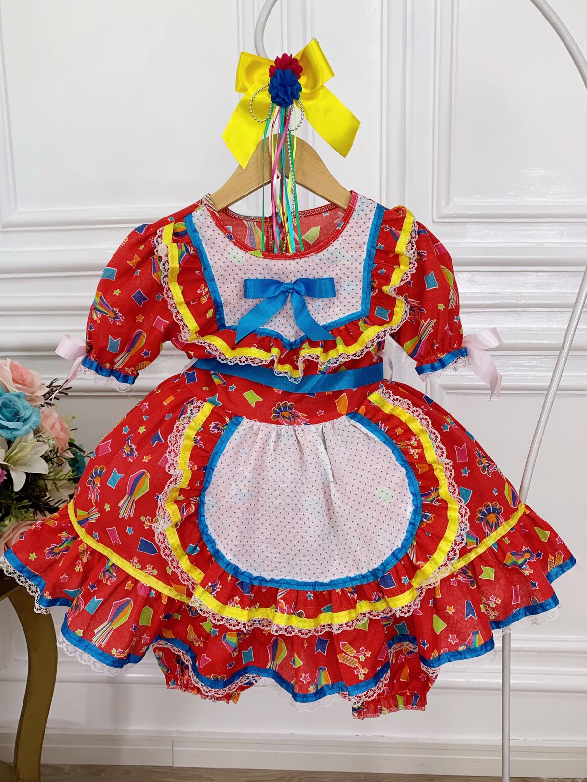 Fantasia Infantil Junino Xadrez Vermelho C/ Estampa Colorida