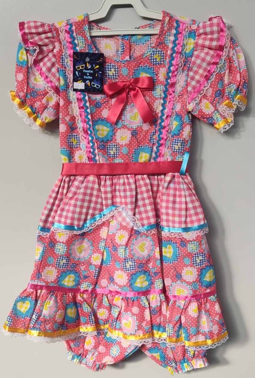 Fantasia Infantil Junino Xadrez Rosa Chiclete Corações