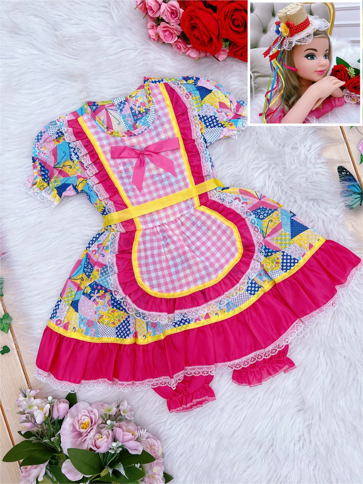Fantasia Junino Rosa Chiclete Azul Royal 1/2/3/4 - Podem Ter Variação de Cor