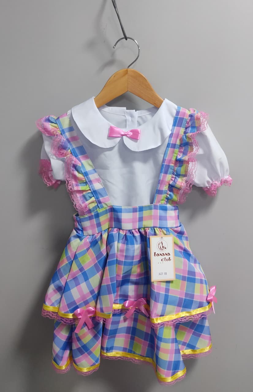 Conjunto Infantil Junino Camisa e Salopete Xadrez Rosa Azul