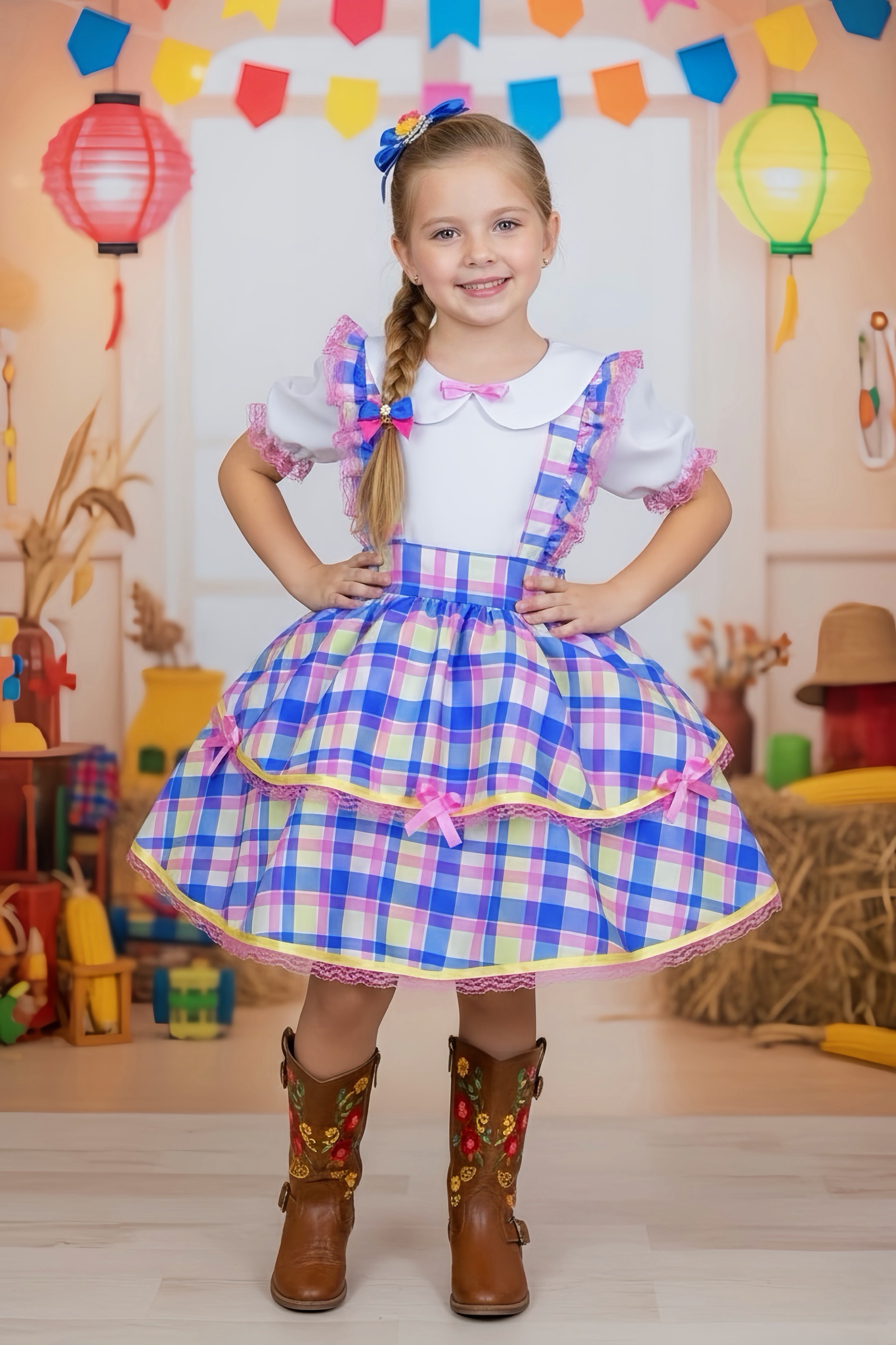 Conjunto Infantil Junino Camisa e Salopete Xadrez Rosa Azul