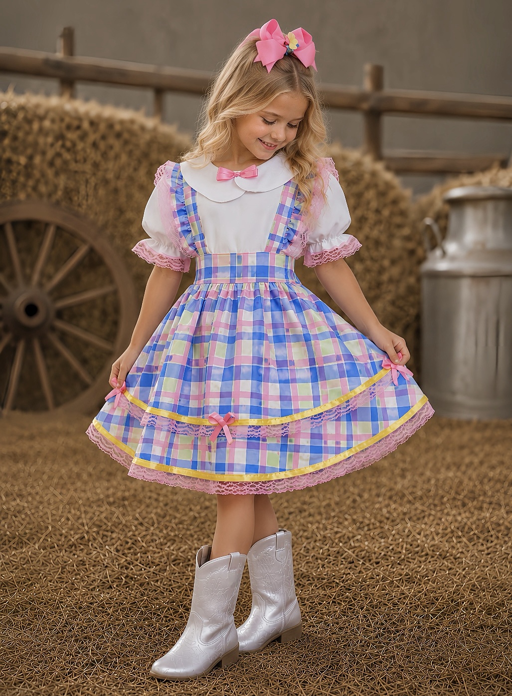 Conjunto Infantil Junino Camisa e Salopete Xadrez Rosa Azul