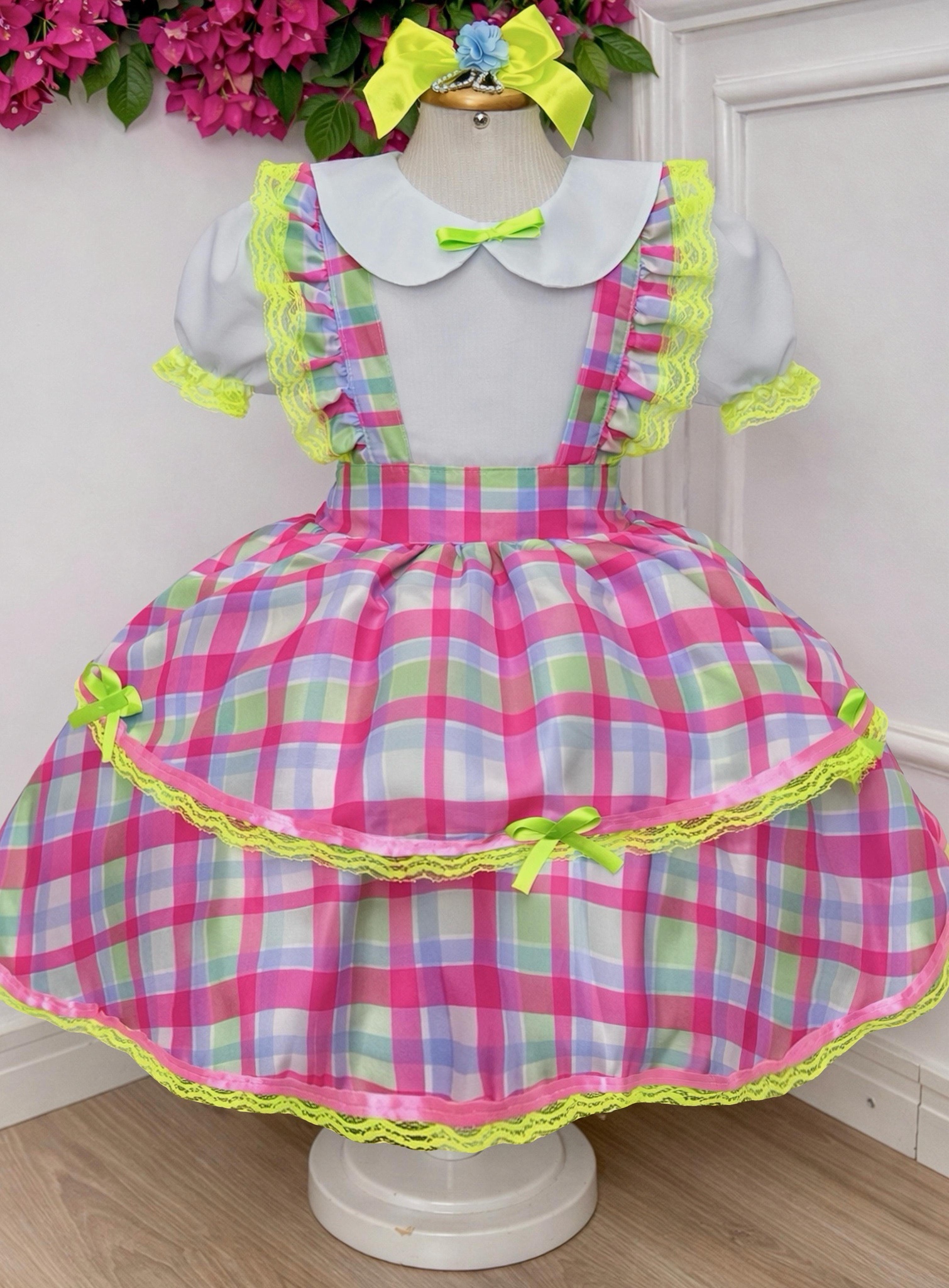 Conjunto Infantil Junino Salopete Xadrez Rosa Verde