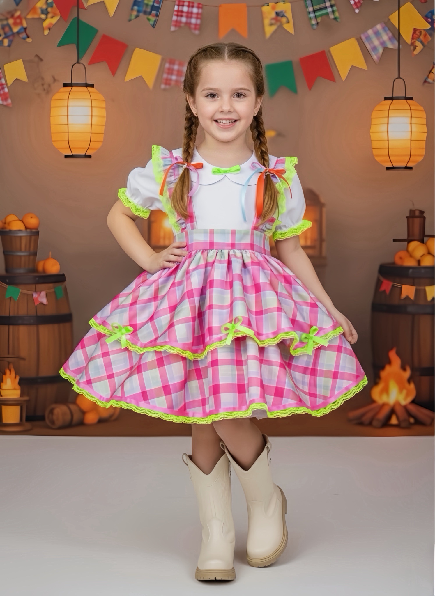 Conjunto Infantil Junino Salopete Xadrez Rosa Verde