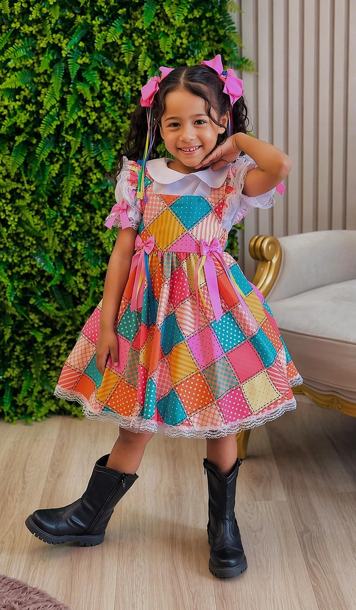 Conjunto Junino Meninas Blusa Branca C/ Saia Xadrez Colorida