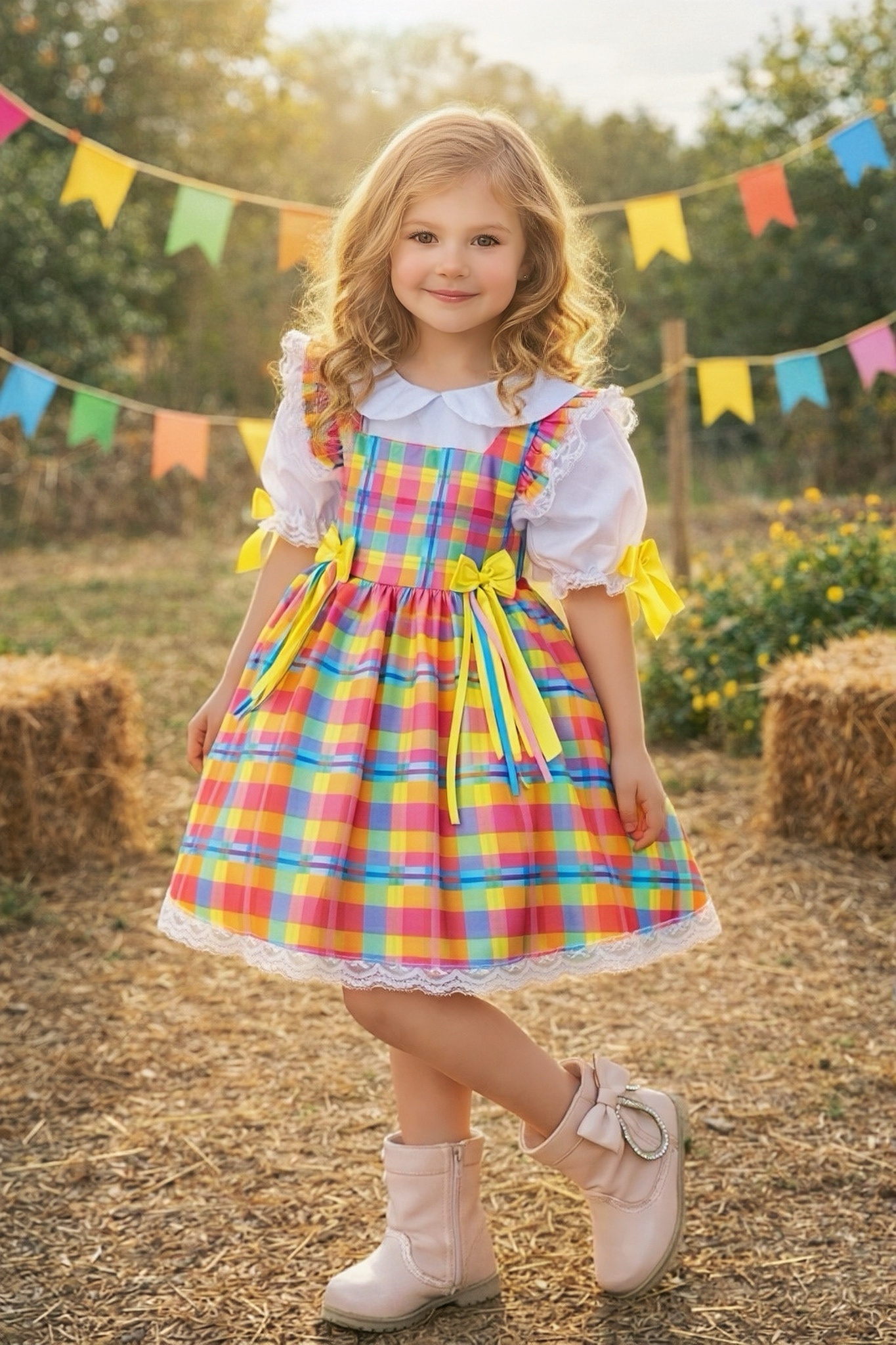 Conjunto Junino Meninas Blusa Branca Com Saia Xadrez Colorida