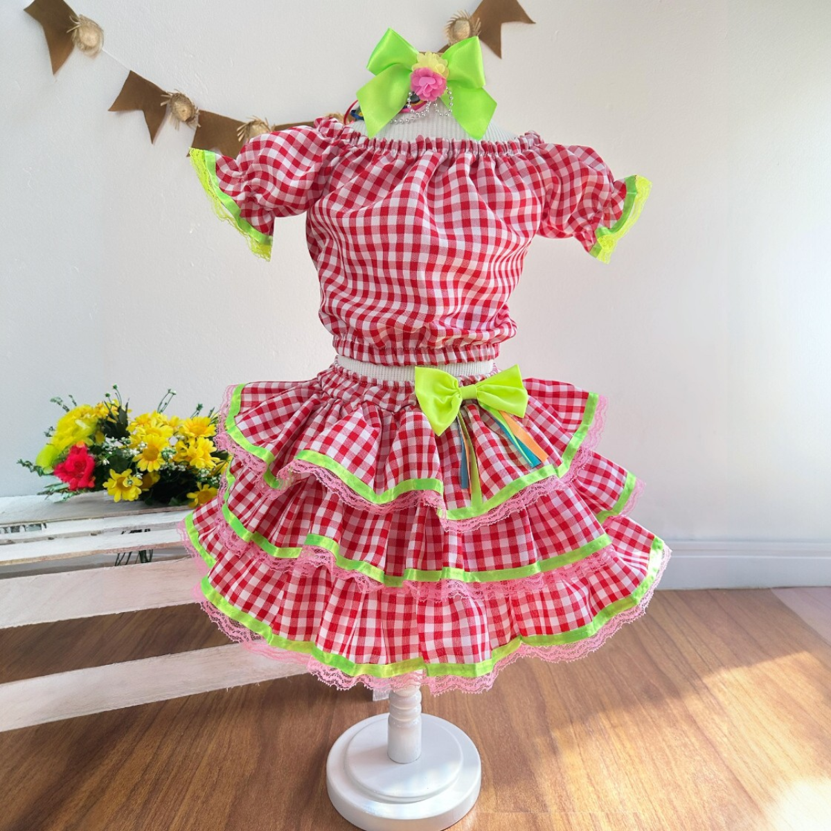 Conjunto Meninas Festa Junina Vermelho Xadrez Cropped Com Saia
