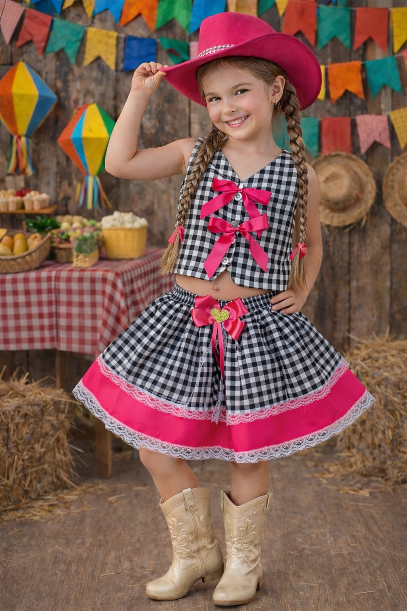 Conjunto Meninas Junino Colete e Saia Pink Xadrez