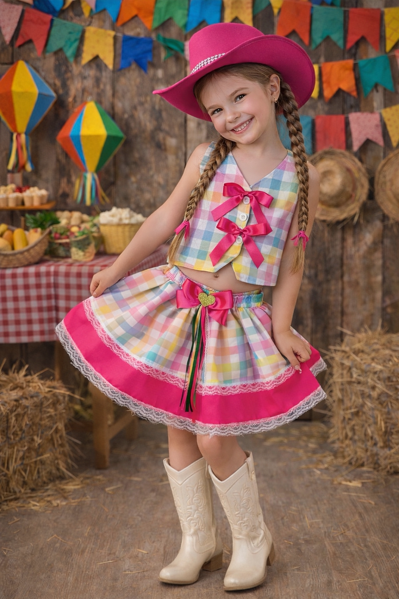 Conjunto Meninas Junino Colete e Saia Rosa e Xadrez Colorido