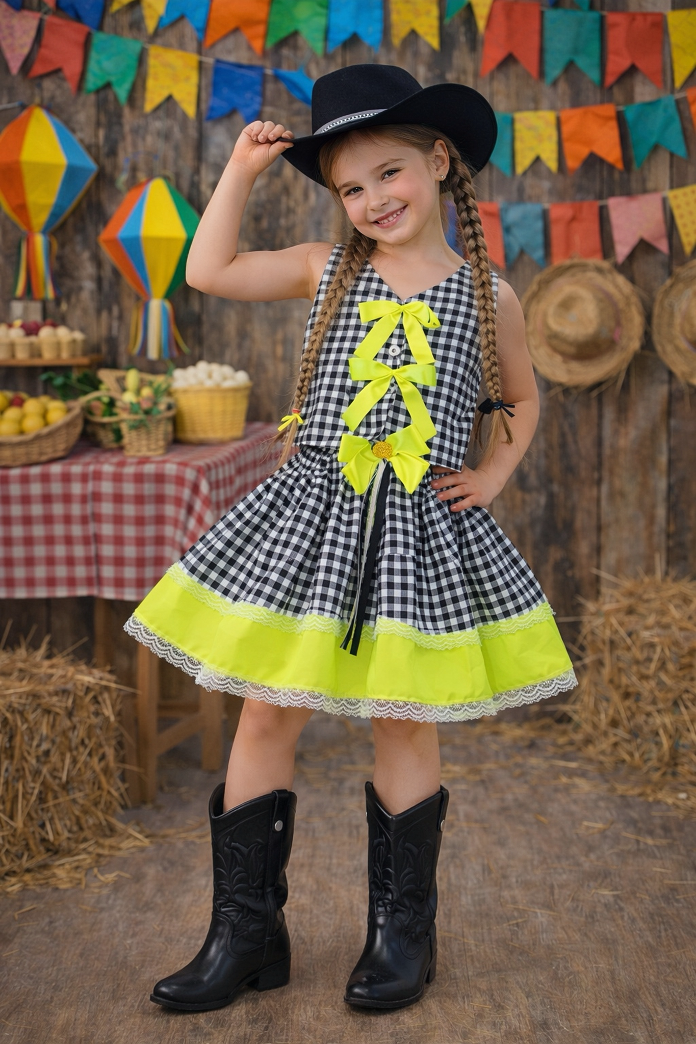 Conjunto Meninas Junino Colete e Saia Verde Xadrez