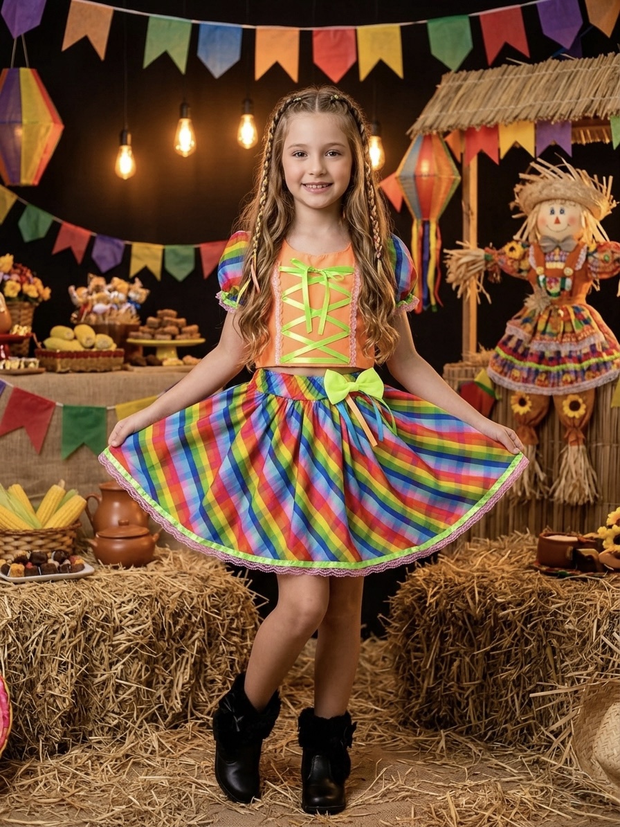 Conjunto Meninas Junino Cropped Laranja Neon Com Saia Colorida