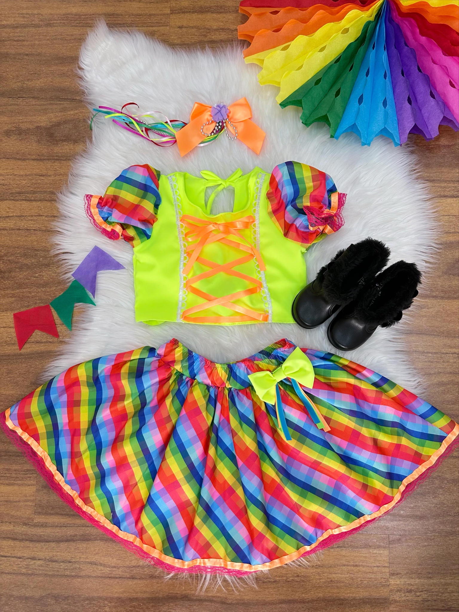 Conjunto Meninas Junino Cropped Verde Neon Com Saia Colorida