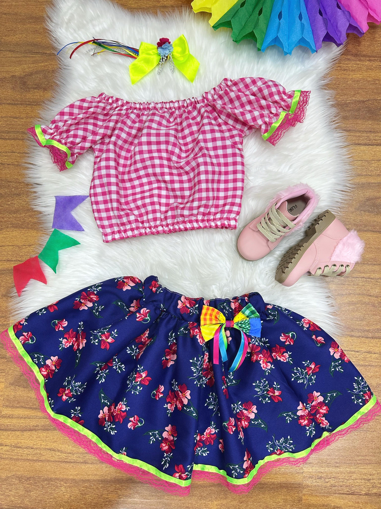 Conjunto Meninas Junino Rosa Xadrez Cropped Mini Saia Azul
