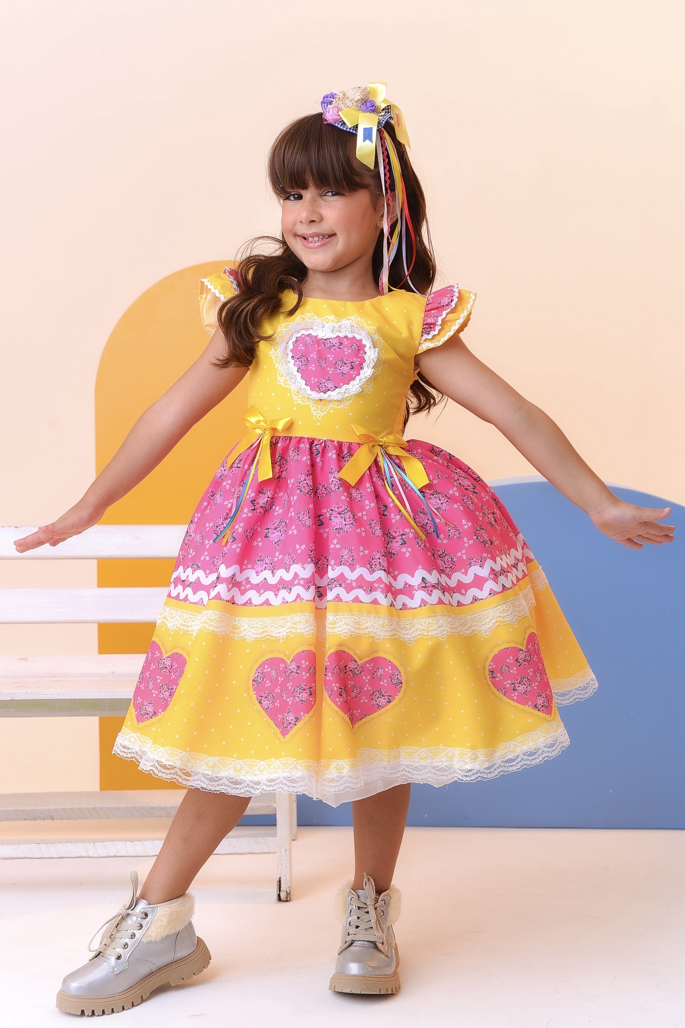 Vestido Infantil Junino Amarelo Colorido Luxo Festas