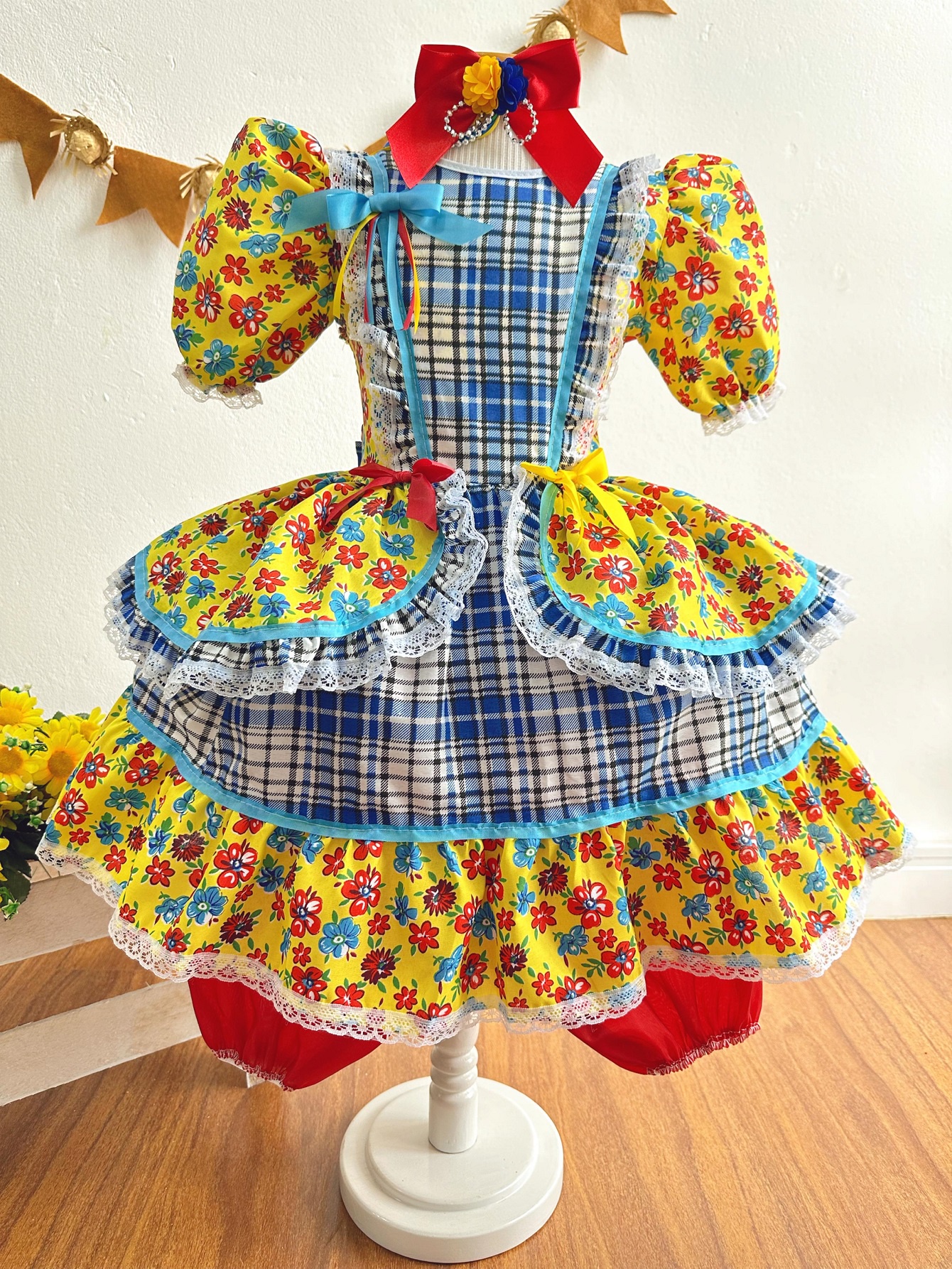 Vestido Infantil Junino Amarelo Xadrez Colorido Florzinhas