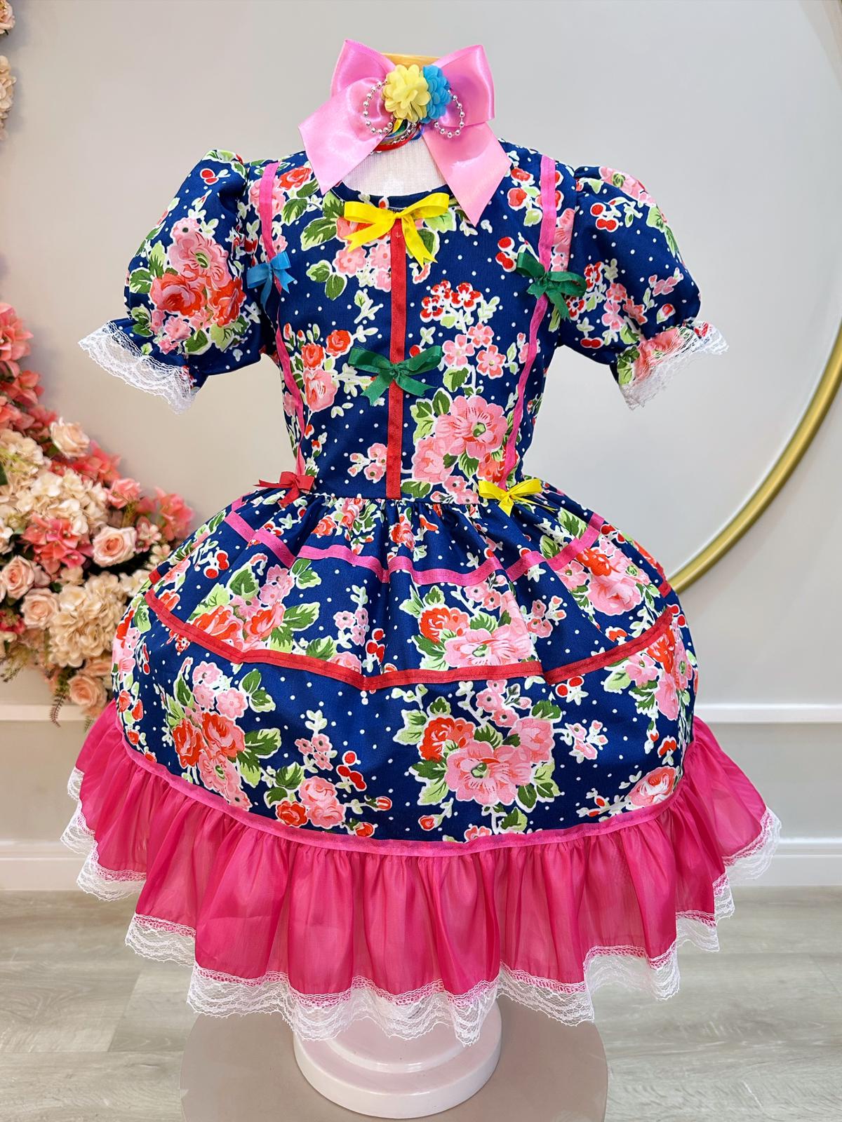 Fantasia Infantil Junino Arraiá Azul Desenho de  Flores Luxo