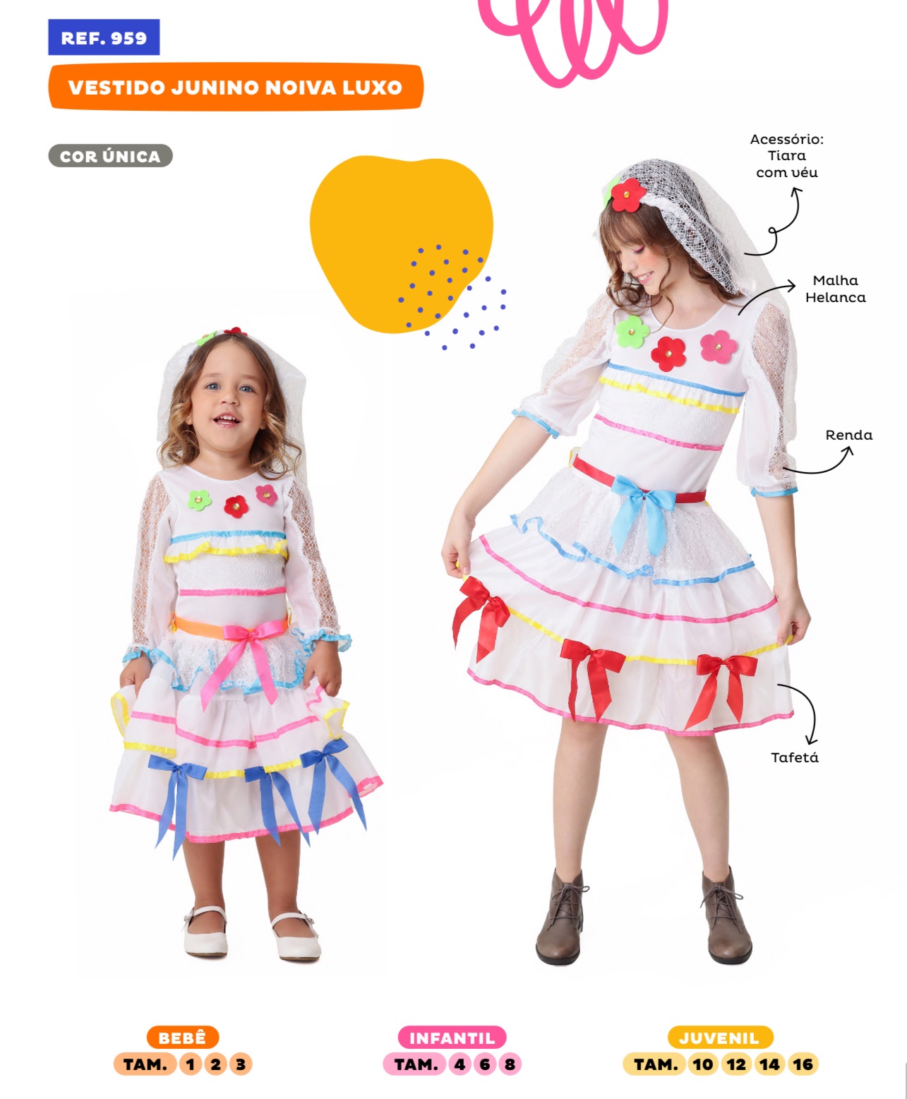 Vestido Infantil Junino Arraiá Festas Noiva C/ Tiara e Véu