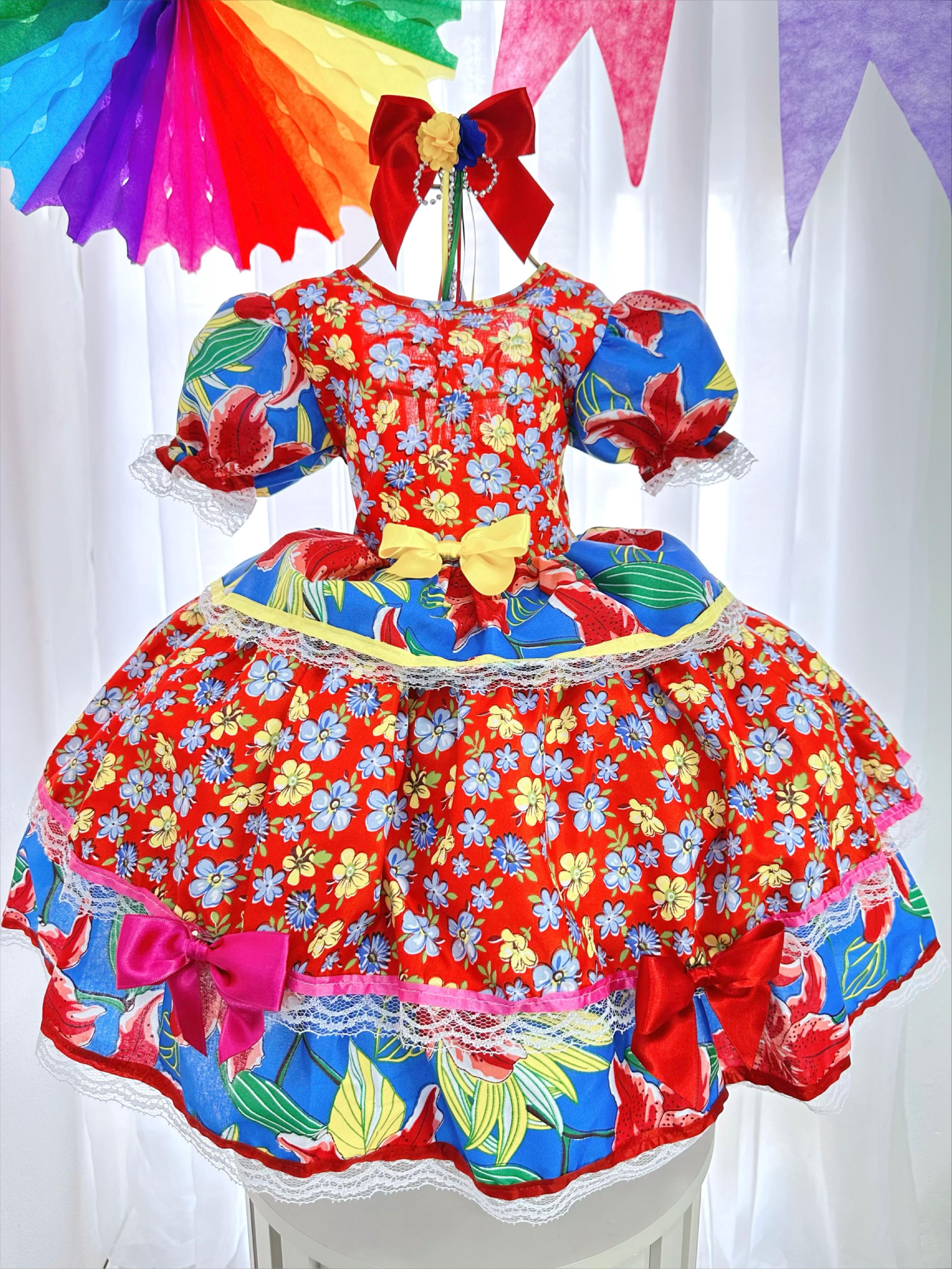 Vestido Infantil Junino Arraiá Florido Colorido Festas