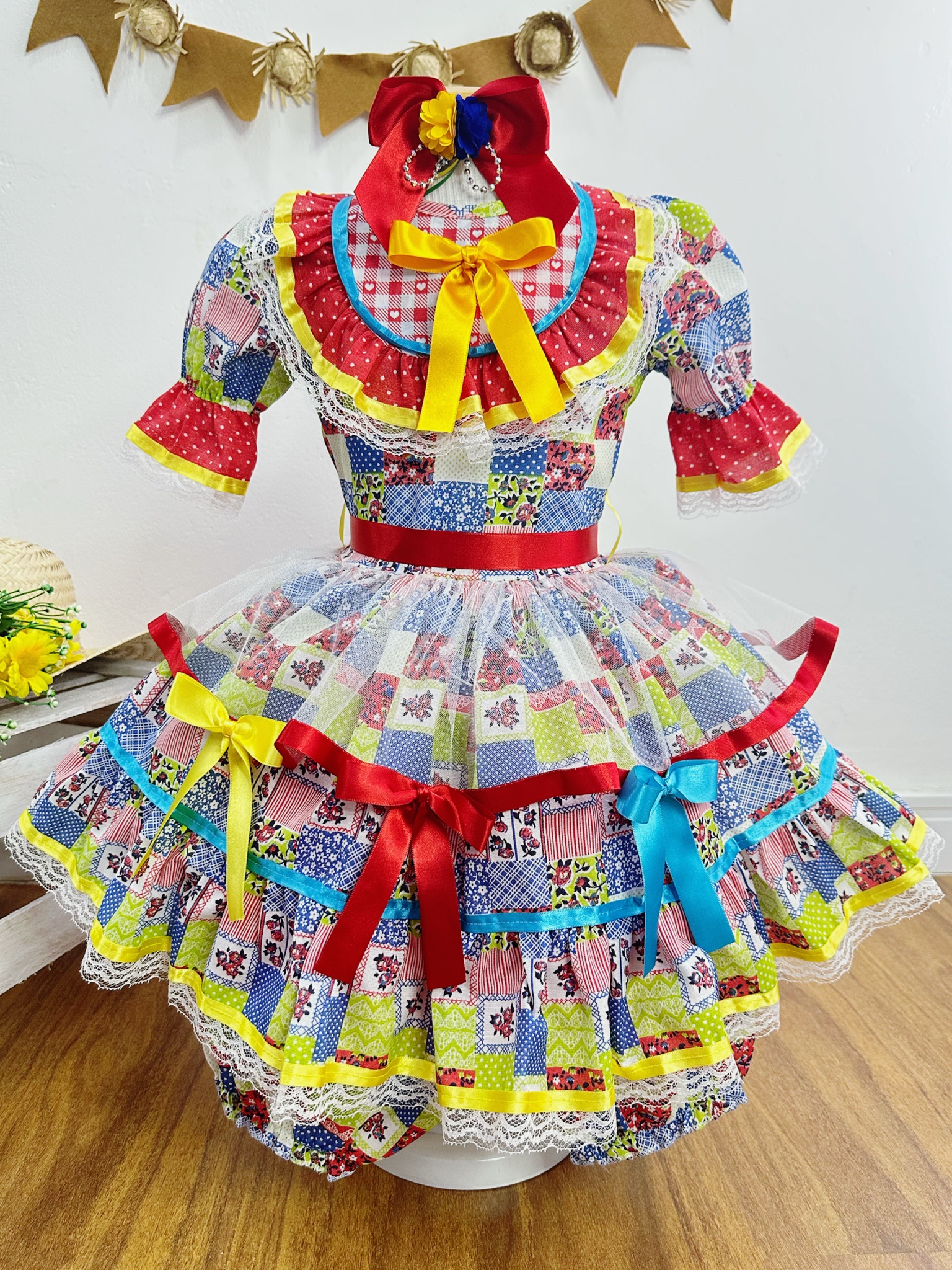 Vestido Infantil Junino Azul Com Estampa Colorida Festas
