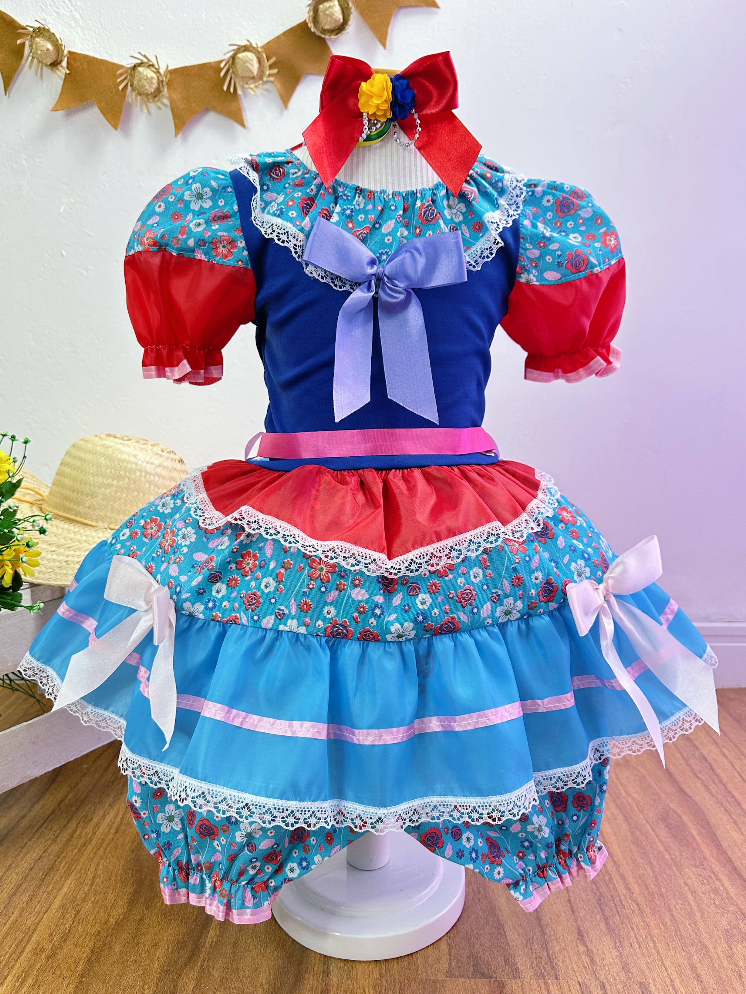 Fantasia Infantil Junino Azul Com Florzinhas Coloridas