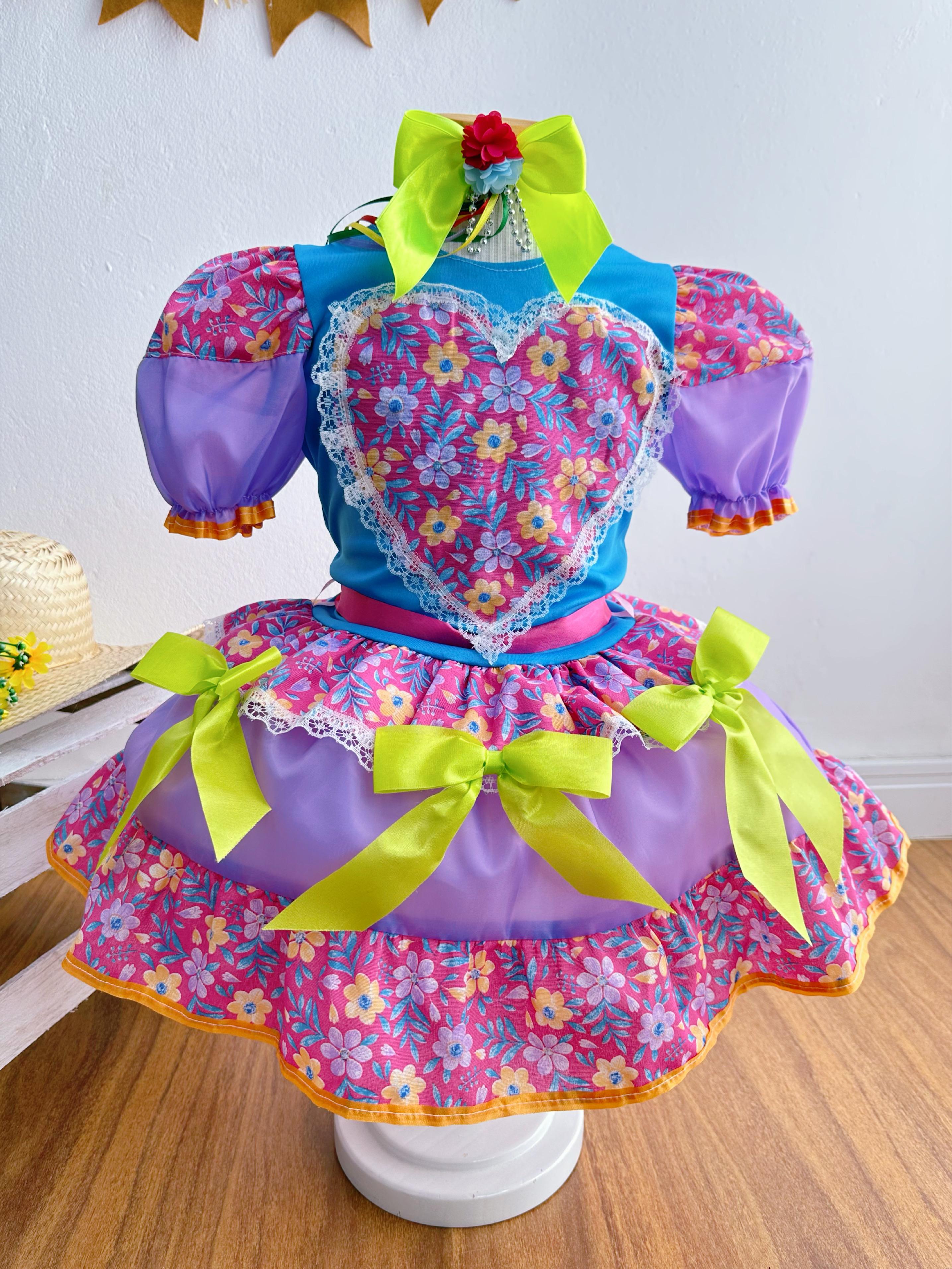 Fantasia Infantil Junino Azul Coração Colorido Festas