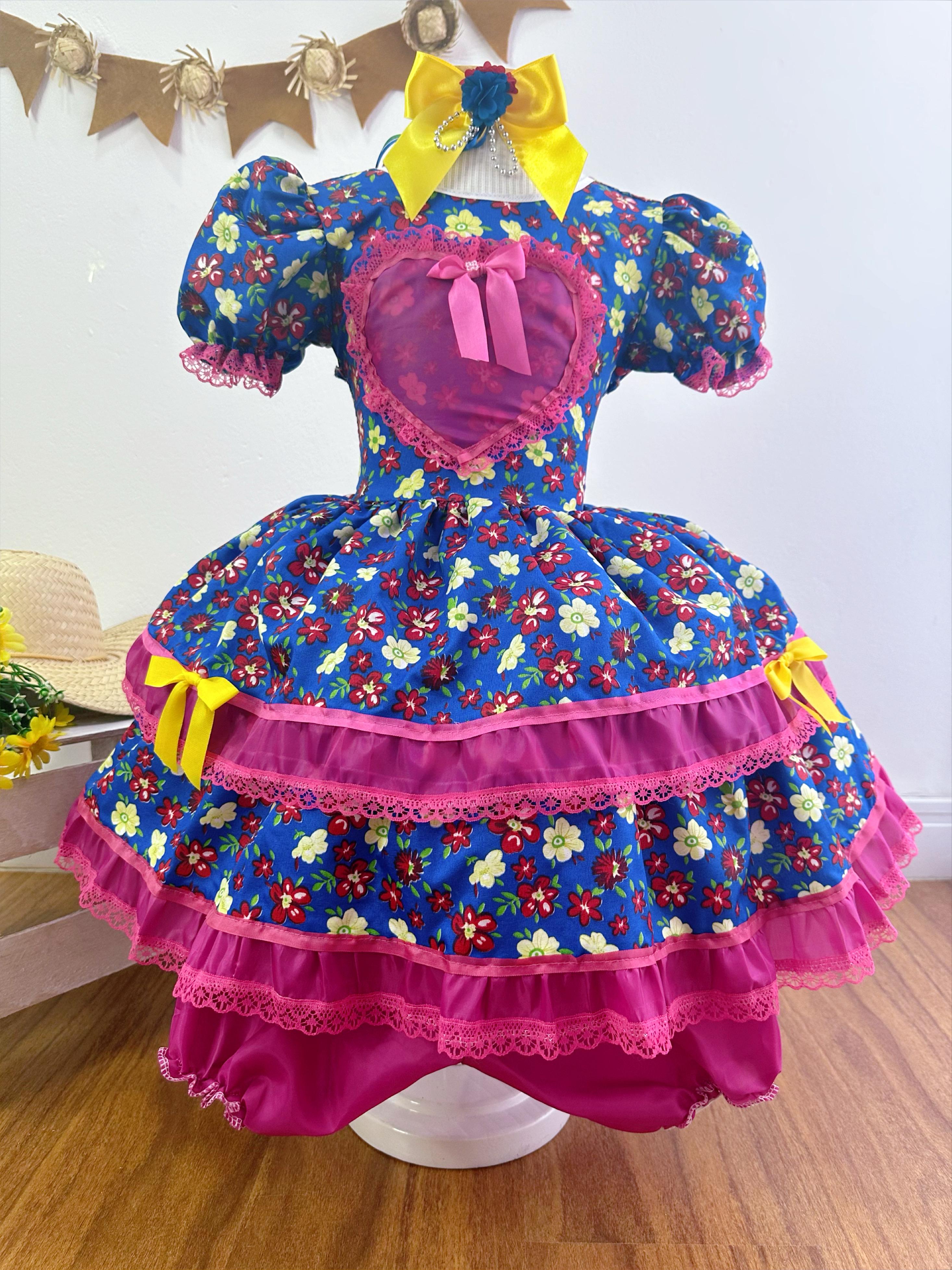 Vestido Infantil Junino Azul Coração Colorido Florzinhas