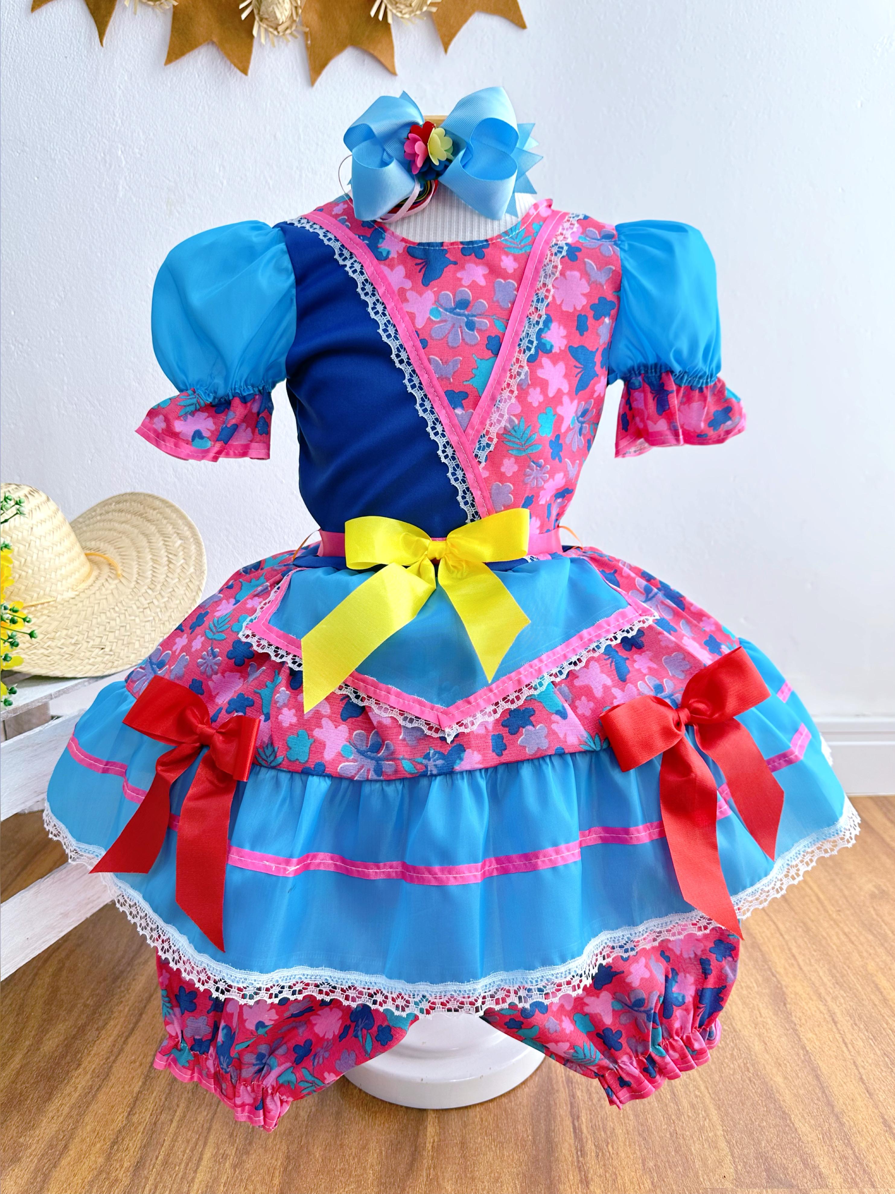 Fantasia Infantil Junino Azul e Rosa Com Flores Coloridas