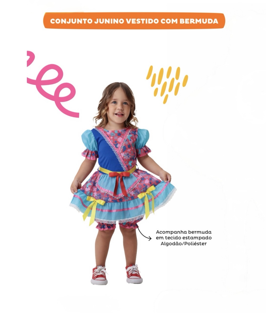 Fantasia Infantil Junino Azul e Rosa Com Flores Coloridas