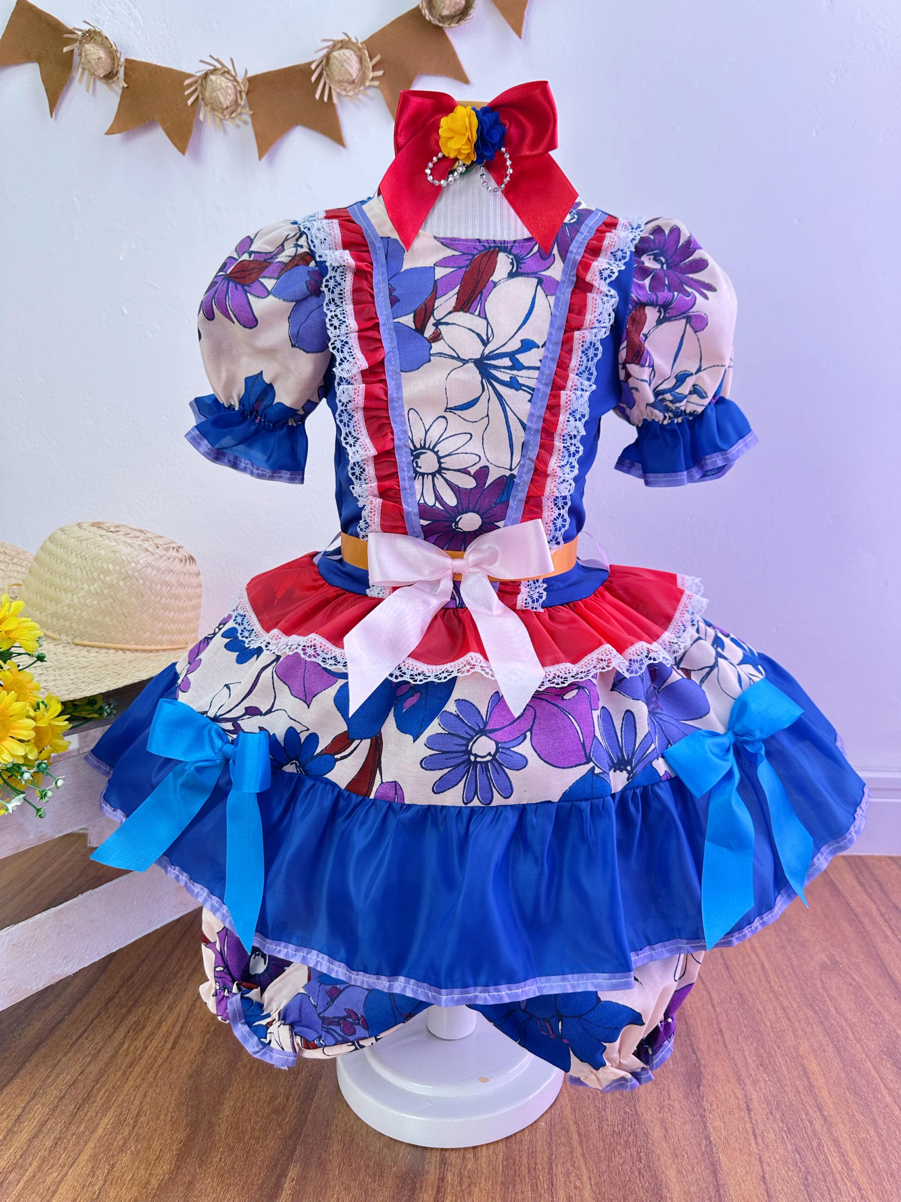 Fantasia Infantil Junino Azul e Vermelho Flores Coloridas
