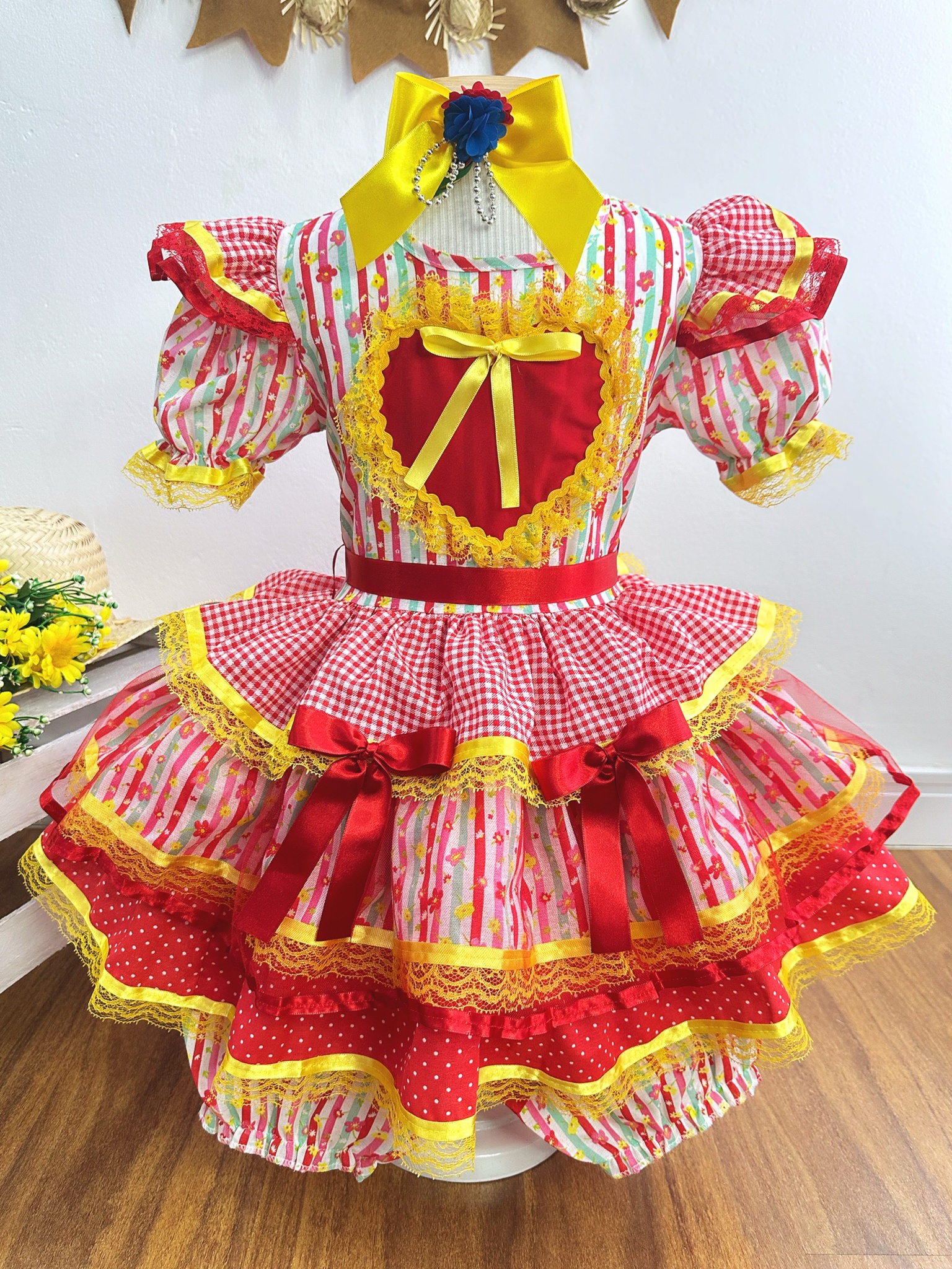 Vestido Infantil Junino Branco Com Estampa Colorida Festas